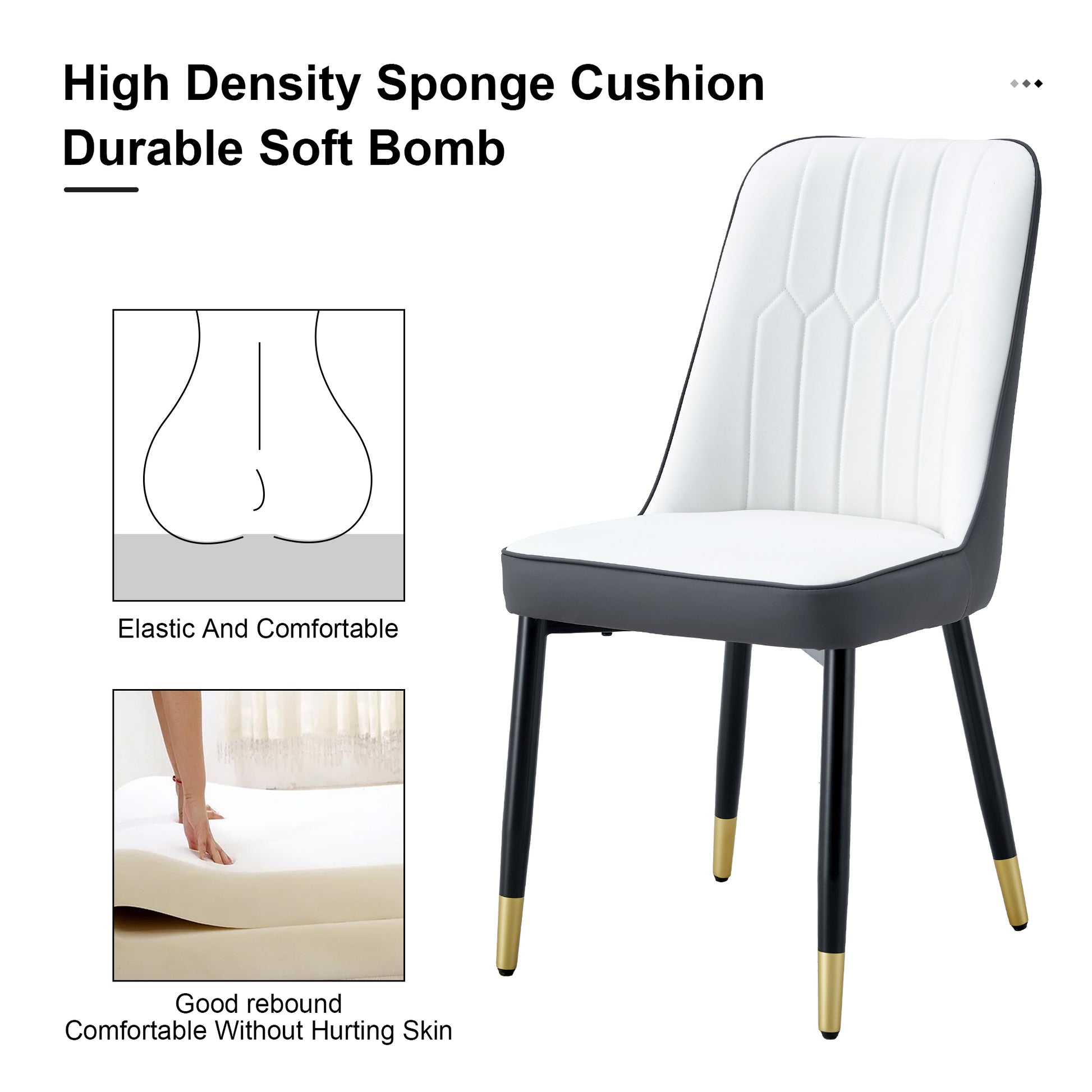 Table And Chair Set.A Morden Table With White Imitation Marble Patterned Stone Burning Tabletop With Golden Metal Legs.Paried With 4 Chairs With Pu Leather Backrest And Black Metal Legs. Black,White Gold Seats 4 Metal,Sintered Stone