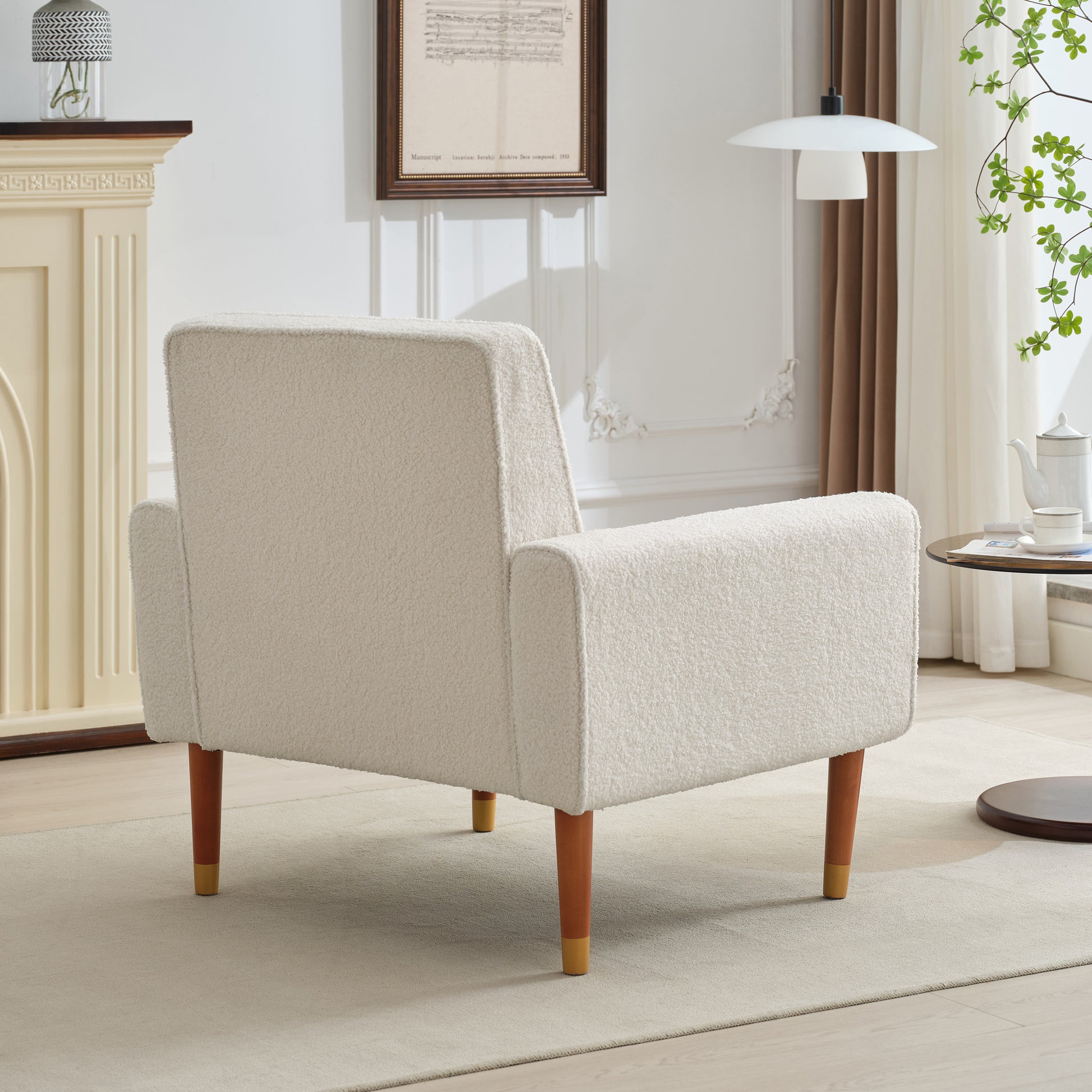 Mirod Classic Biscuit Style Accent Chair Comfortable Armrests, Soft Fabric, Elegant Solid Wood Legs With Gold Finish, Easy Assembly Beige Boucle