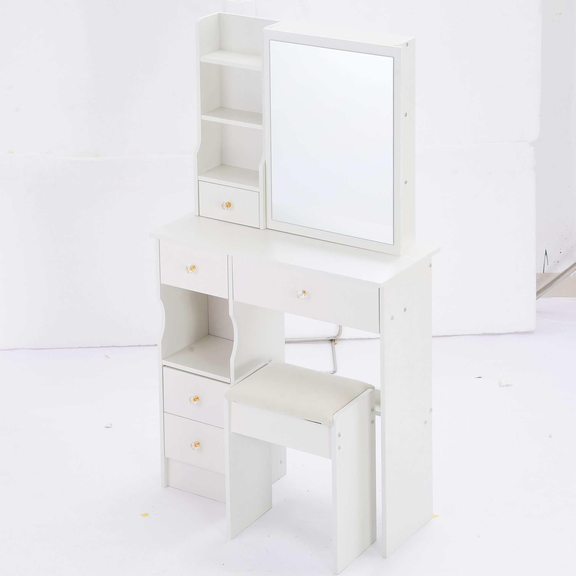 Small Size Left Drawer Desktop Vanity Table Cushioned Stool, Extra Large Sliding Mirror, Multi Layer, High Capacity Storage Fashionable Dresser, Suitable For Small Space, Epa,Gcc,Ul Certificate