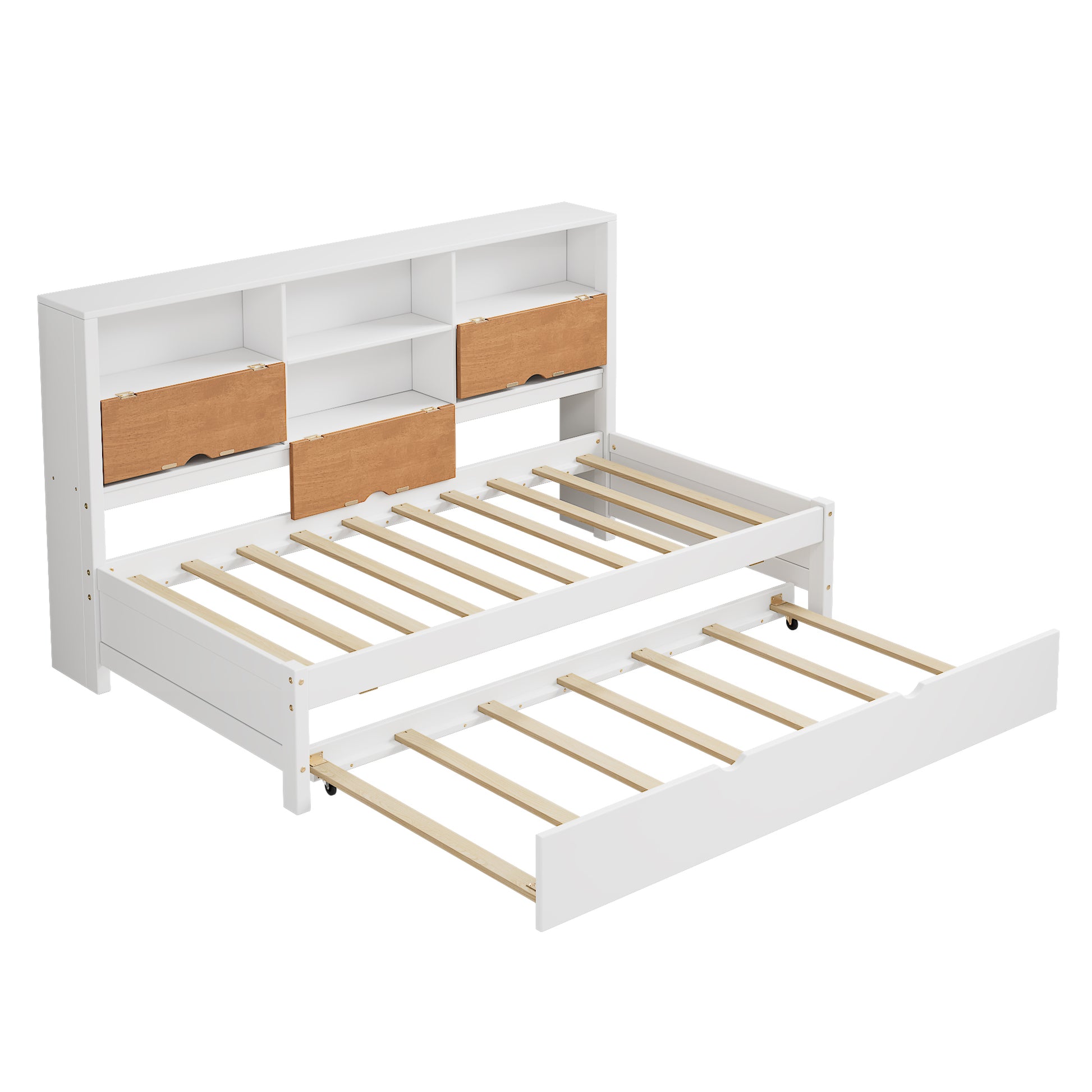 Twin Size Wooden Captain Bed Daybed With Trundle And Bookcase For Small Room,Bedroom, Guest Room, No Box Spring Needed, Walnut And White Box Spring Not Required Twin White Walnut Wood Bedroom Modern Pine Bed Frame Wood