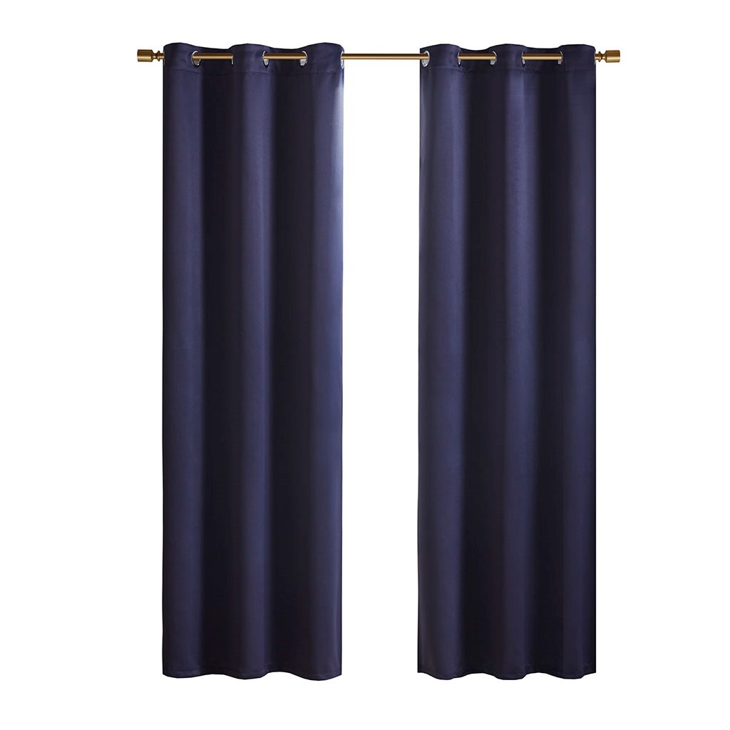 Solid Blackout Triple Weave Grommet Top Curtain Panel Pair Navy Polyester