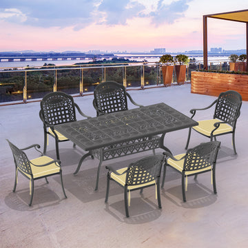 Cushions In Random Colors 7 Piece Set Of Cast Aluminum Patio Furniture With Cushions Yes Dining Set Black Seats 6 Rust Resistant Frame Water Resistant Cushion Garden & Outdoor Complete Patio Sets Aluminium