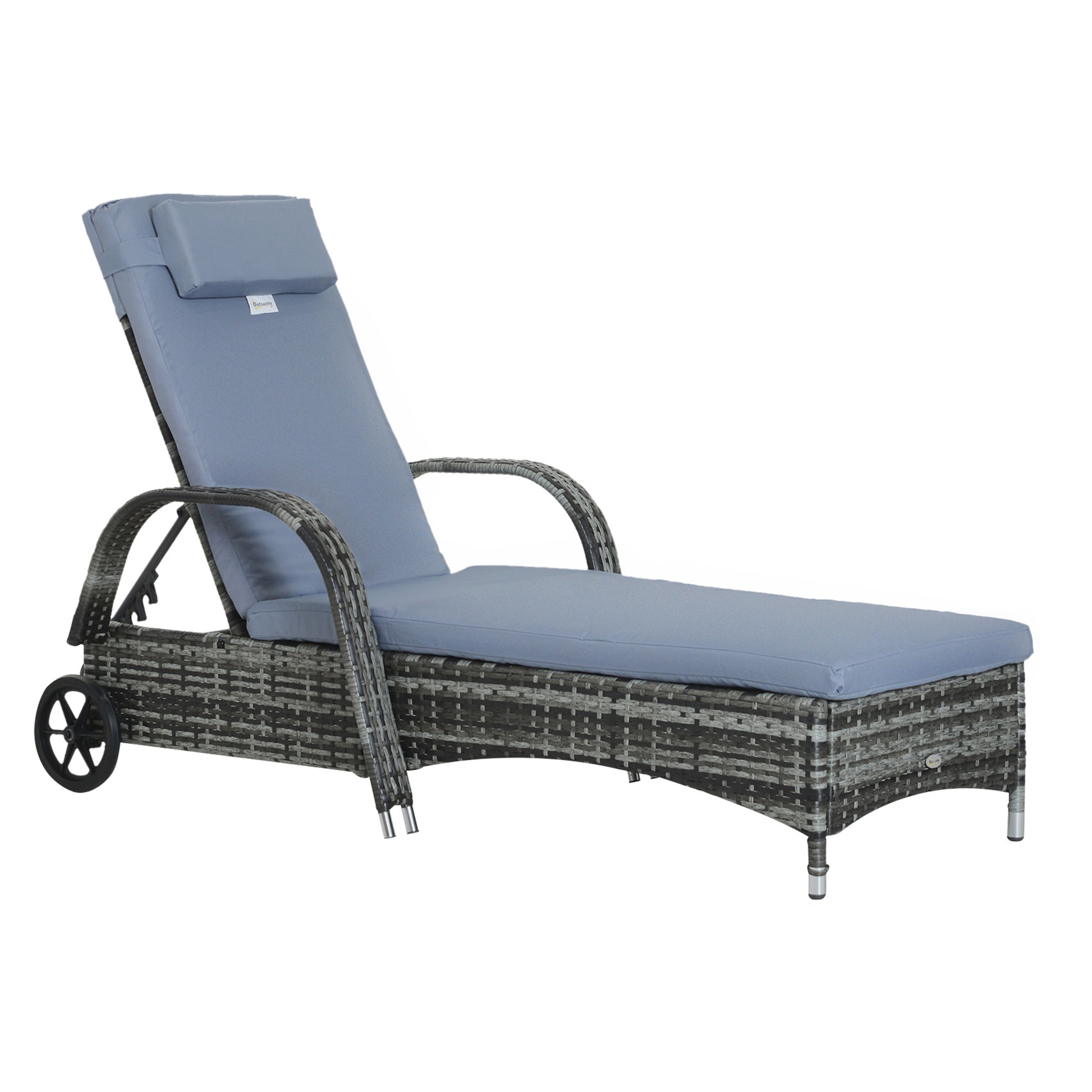 Outsunny Wicker Outdoor Chaise Lounge, 5 Level Adjustable Backrest Pe Rattan Pool Lounge Chair With Wheels, Cushion & Headrest, Mixed Gray And Gray Multicolor Rattan