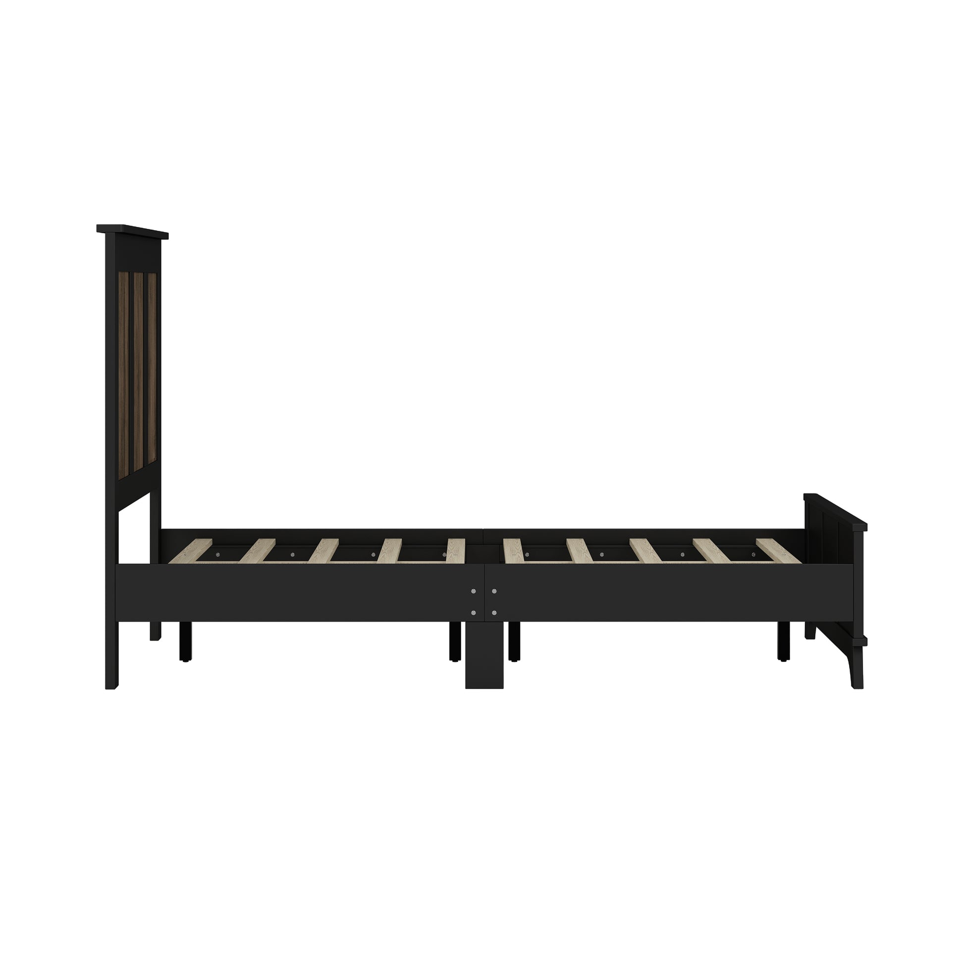 Farmhouse Wooden Platform Full Size Bed, Modern Platform Bed With Wooden Strip Decoration, Plywood Slats Support, Black Full Black Particle Board