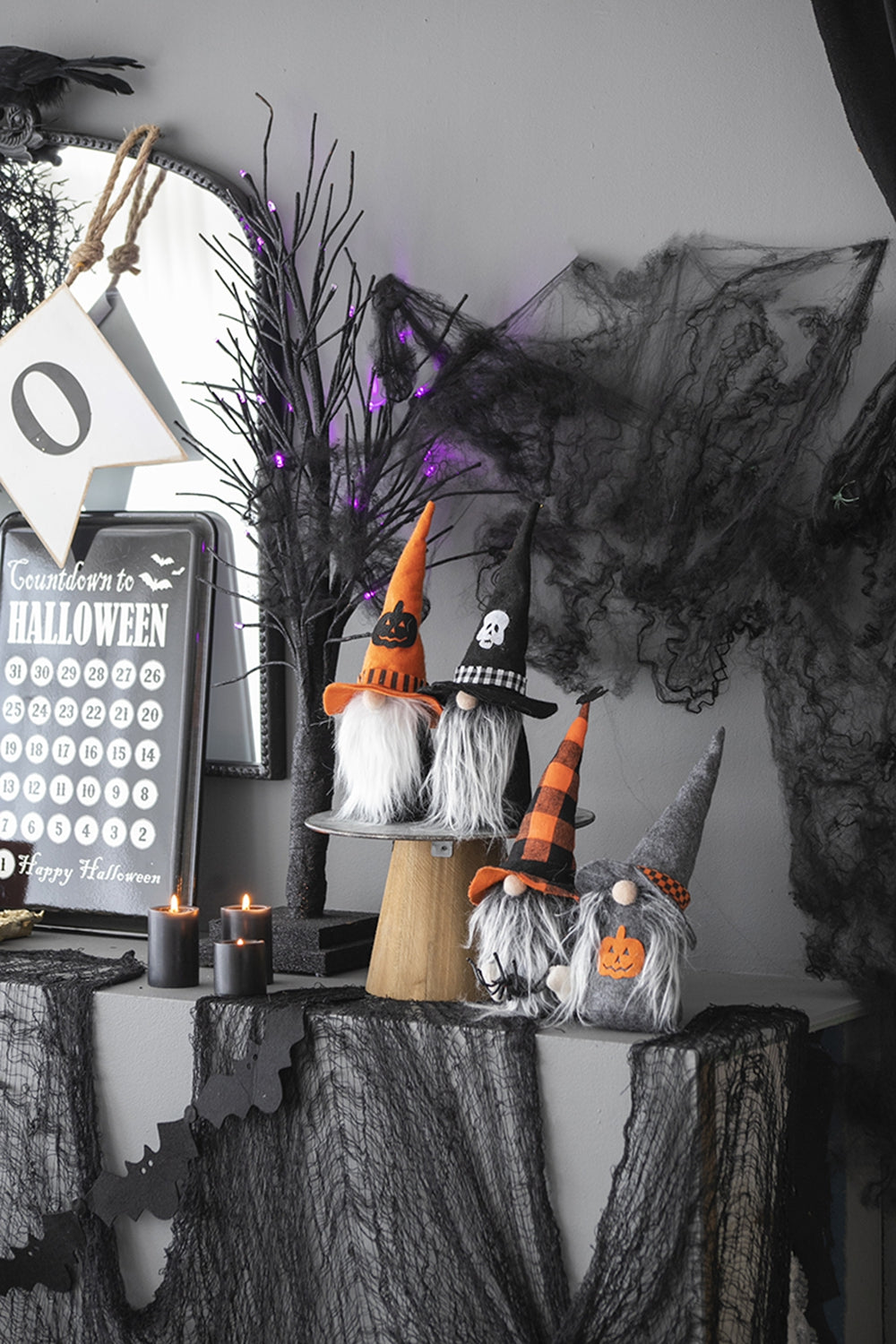 Set Of 4, 12"H Halloween Gnome Decor, Black Orange Gray Black,Gray,Orange Polyester