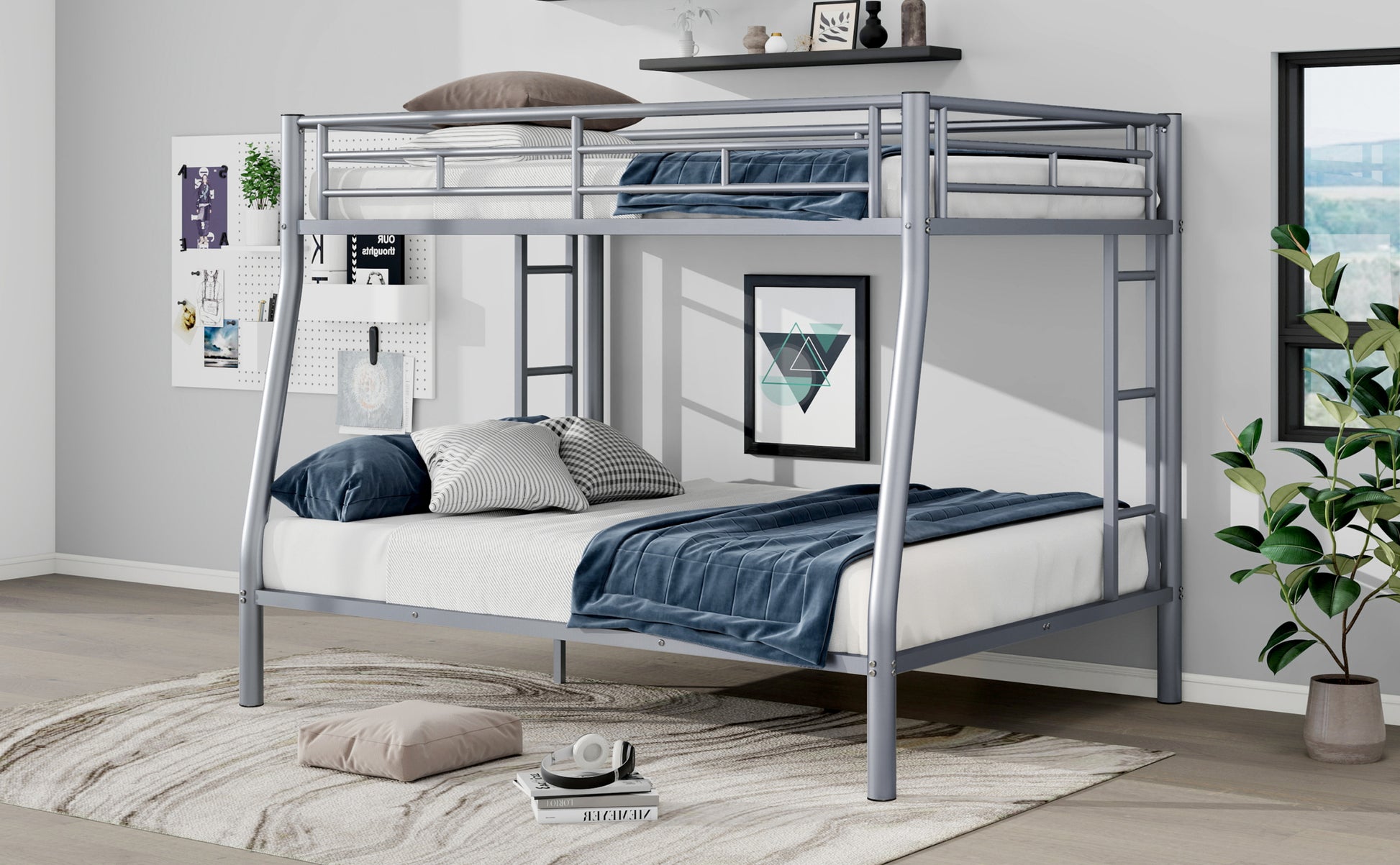Full Xl Over Queen Metal Bunk Bed With Ladder And Guardrails, Silver Expected Arrival Time: 9.7 Box Spring Not Required Full Xl Silver Metal Metal