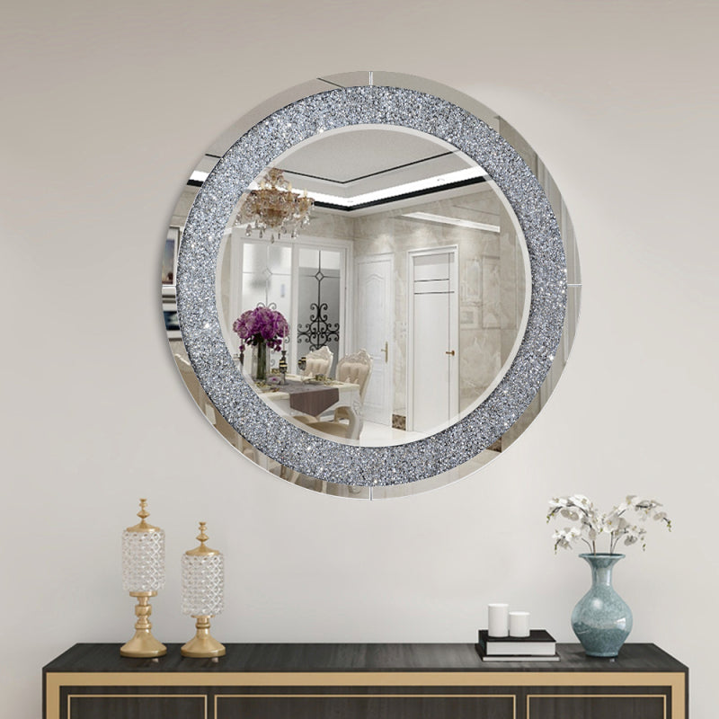 31.5" Crushed Diamond Decor Round Wall Mirror Silver Art Deco,Modern Mdf Glass,Mirror