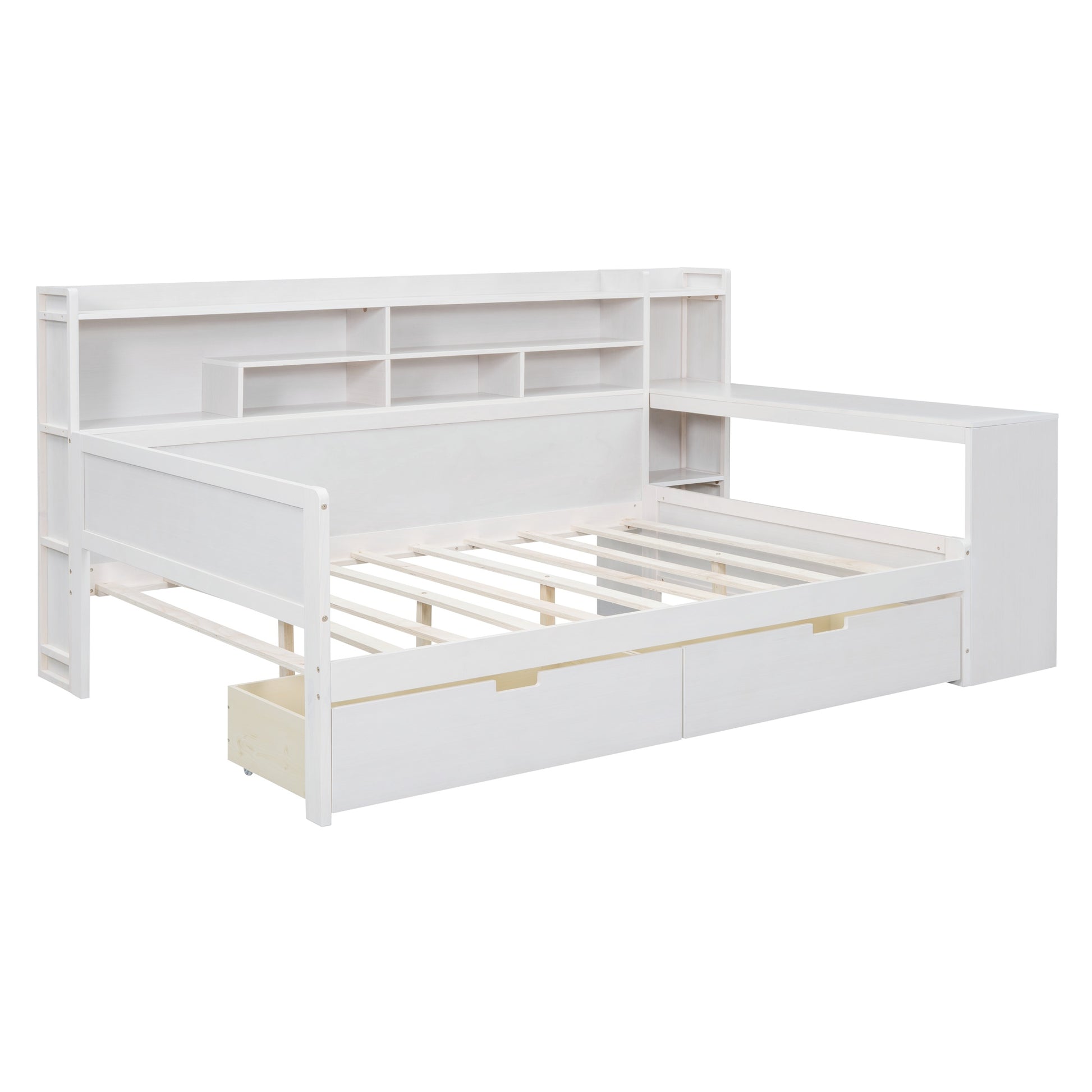 Wooden Full Size Daybed With Storage Shelves, Multi Functional Bed With Two Storage Drawers And Study Desk, Antique White Old Sku: Hl000089Aak Full Antique White Wood
