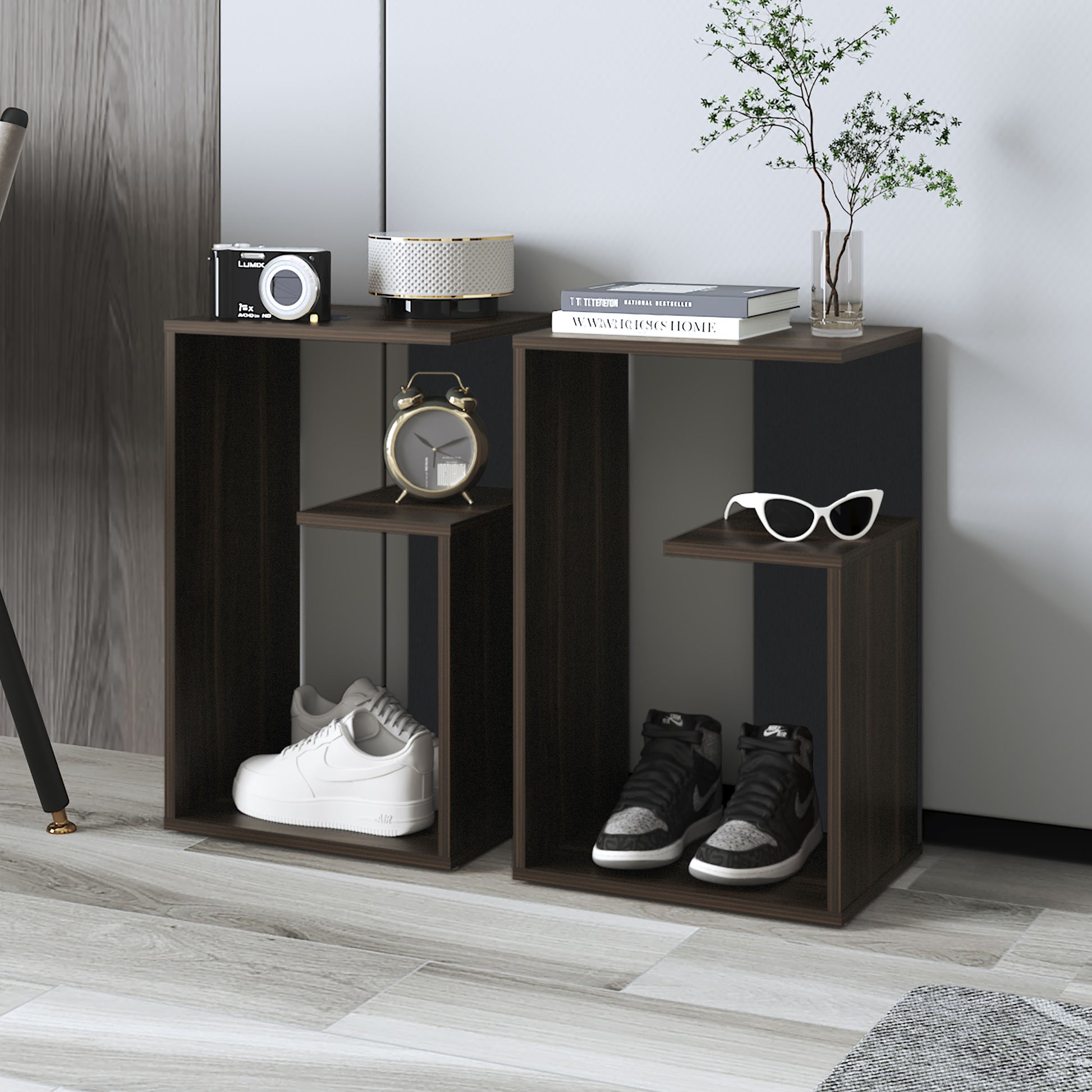 Everet 25" High 3 Tier Open Shelves Night Stand Dark Oak Bedroom Open Storage Modern Shelf Particle Board