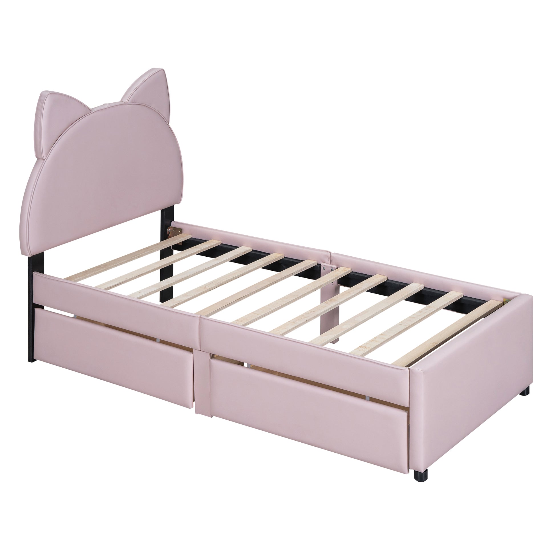 Twin Size Upholstered Platform Bed With Cartoon Ears Shaped Headboard And 2 Drawers, Pink Box Spring Not Required Twin Pink Wood Bedroom Bed Frame Faux Leather Upholstered