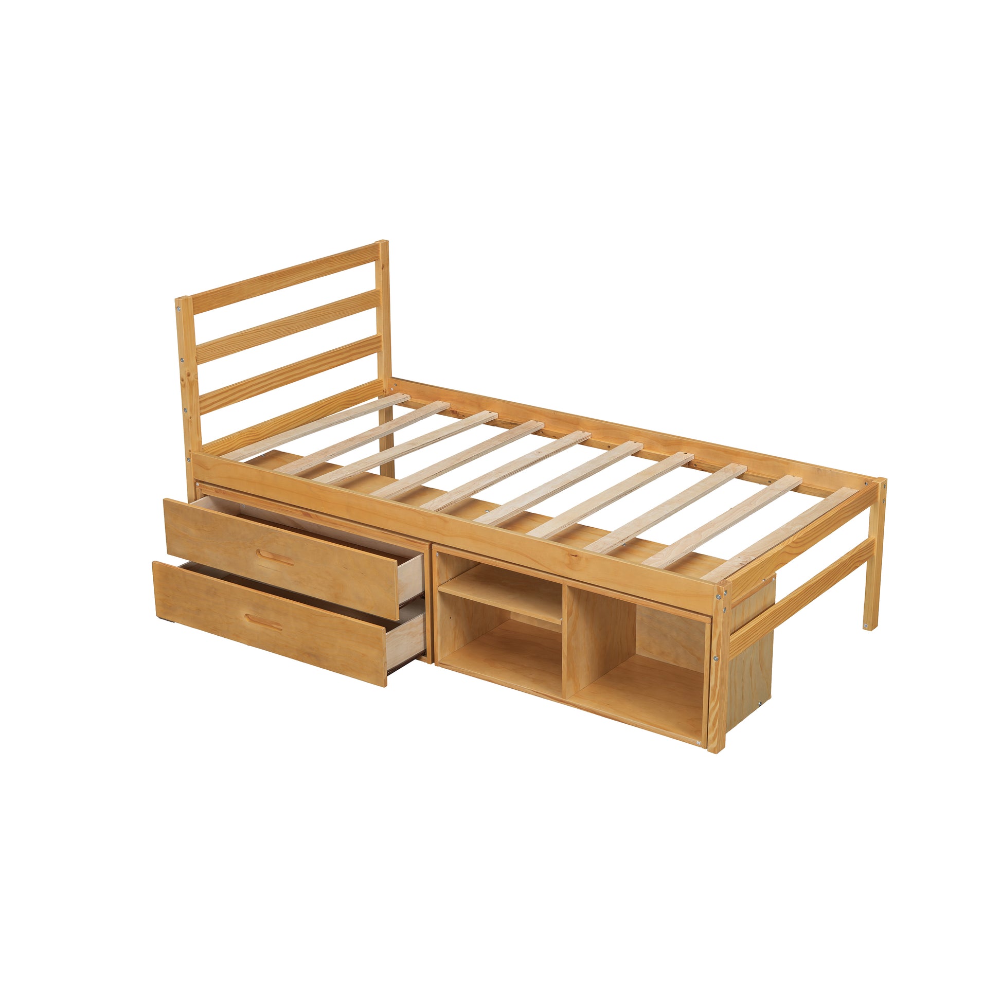 Twin Size Wood Platform Bed With Removable Storage Shelves, Built In Two Storage Drawers For Added Convenience, Natural Twin Natural Wood