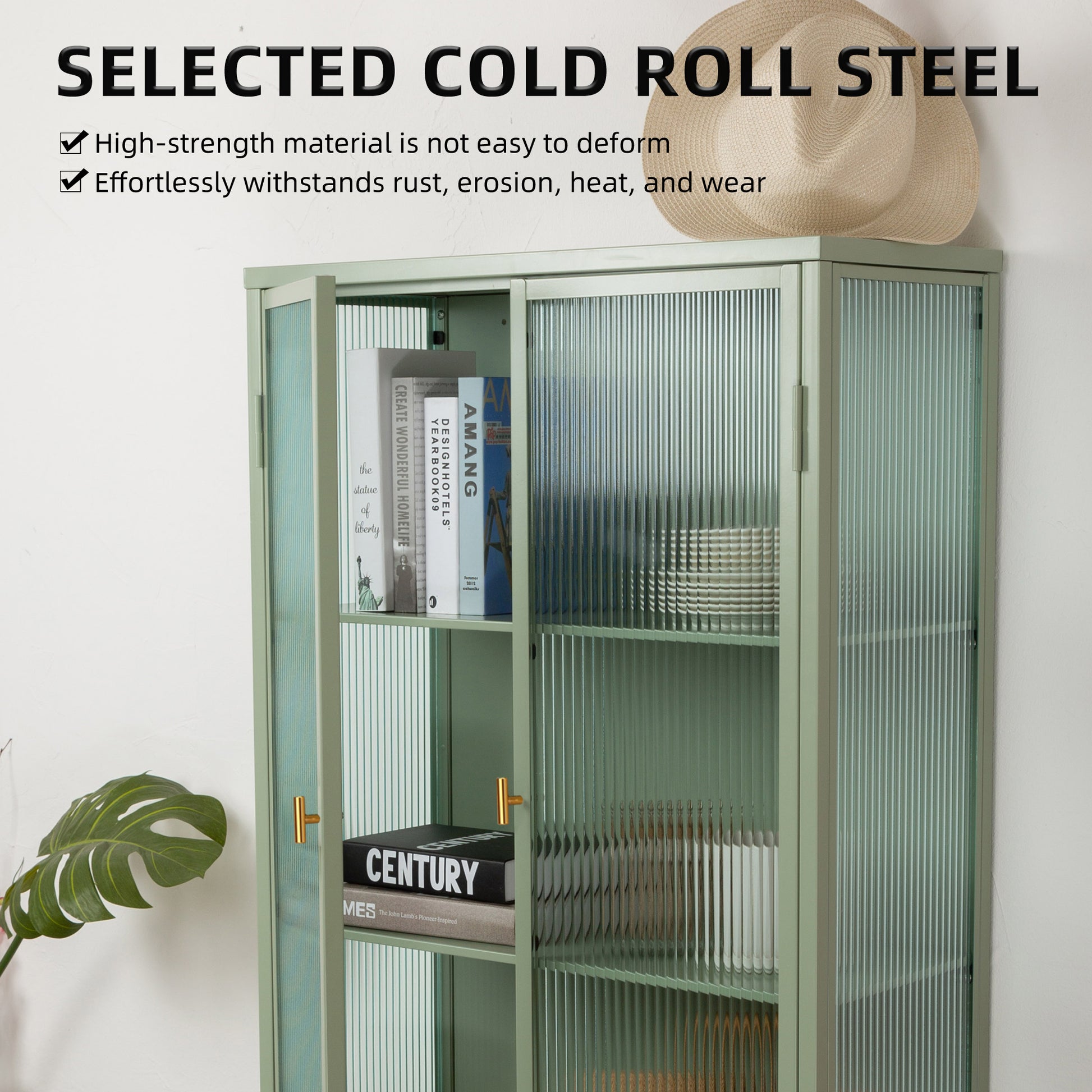 Mint Green Tall Freestanding Display Cupboard Stylish Fluted Glass Storage Cabinet With Glass Doors Three Detachable Shelves Bottom Space For Office Dining Room Living Room Bedside Old Sku:W68743736 Mint Green Steel