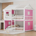 Full Size Bunk Wood House Bed With Tent, Pink White Full Pink White Solid Wood Mdf