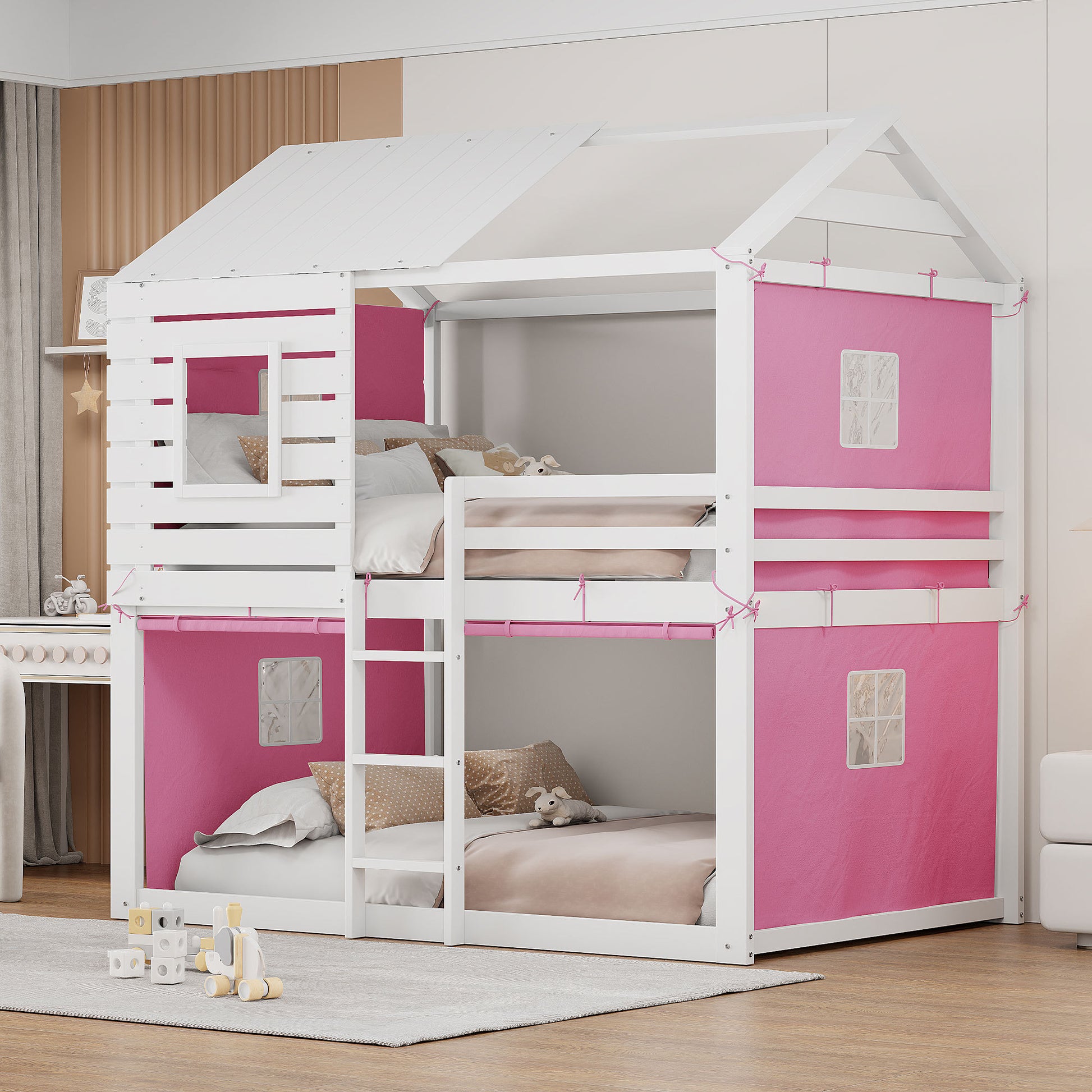 Full Size Bunk Wood House Bed With Tent, Pink White Full Pink White Solid Wood Mdf