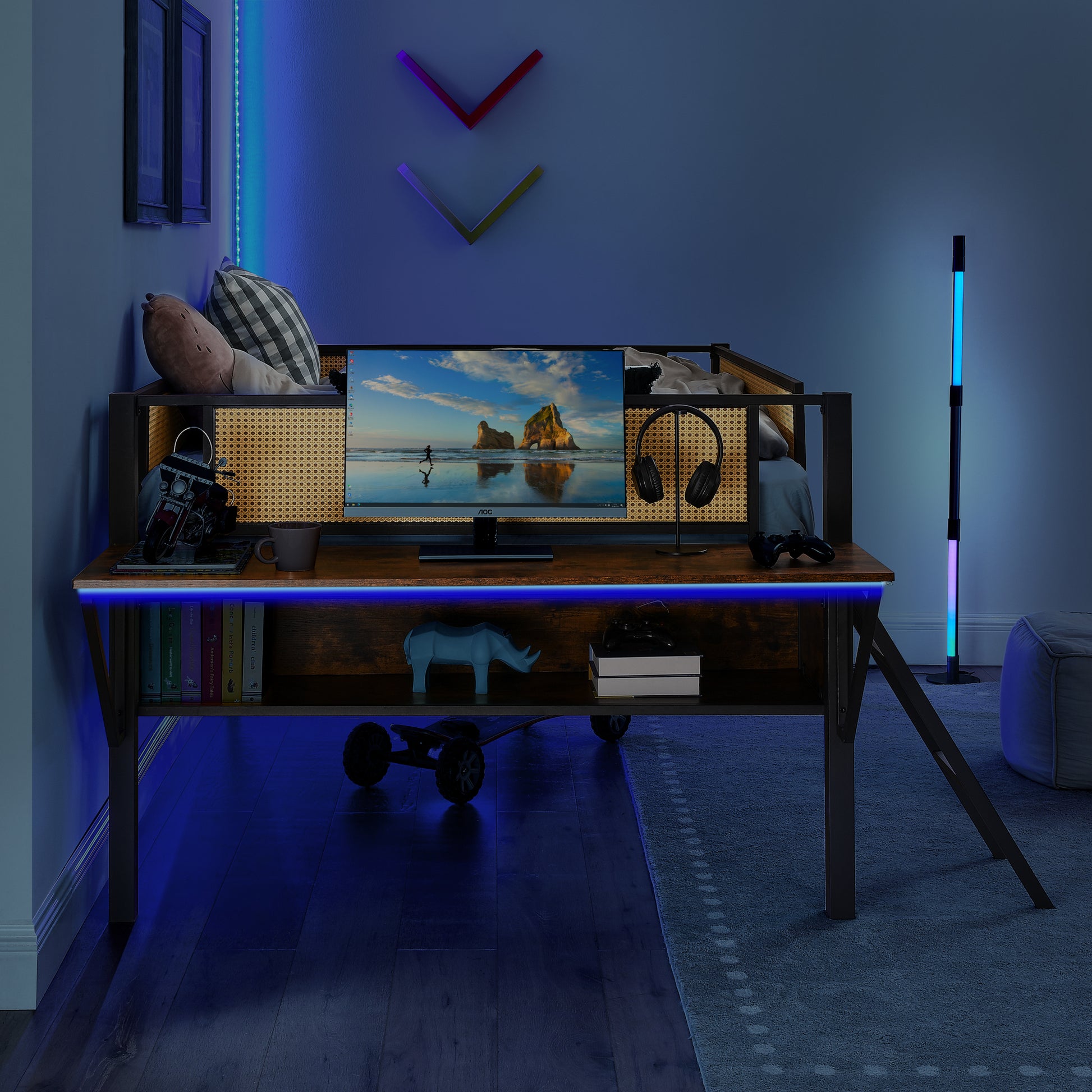 Single Metal Loft Bed With Rectangular Desk, Led Lights, Led Loft Bed Frame Double Bed With Storage Shelves And Hanging Storage Compartments, Safety Guard And Ladder, No Box Springs Required, Rattan G Full Black Brown Mdf Iron