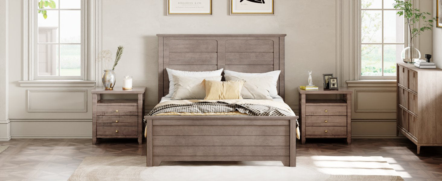 Farmhouse Wooden Platform Full Size Bed With Panel Design Headboard And Footboard For Teenager, Ash Brown Full Ash Brown Pine
