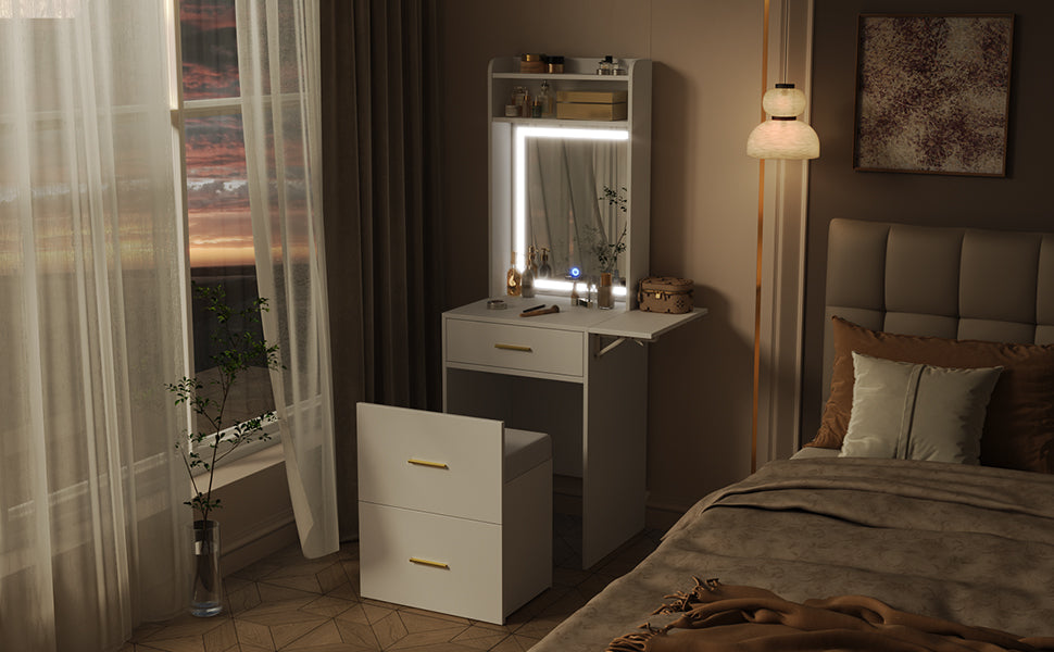 Small Vanity Desk With Mirror And Light, Dressing Table With Charging Station & Fold Up Panel For Small Space, Compact Makeup Vanity Set With Hidden Stool For Bedroom, White White Mdf,Tempered Glass