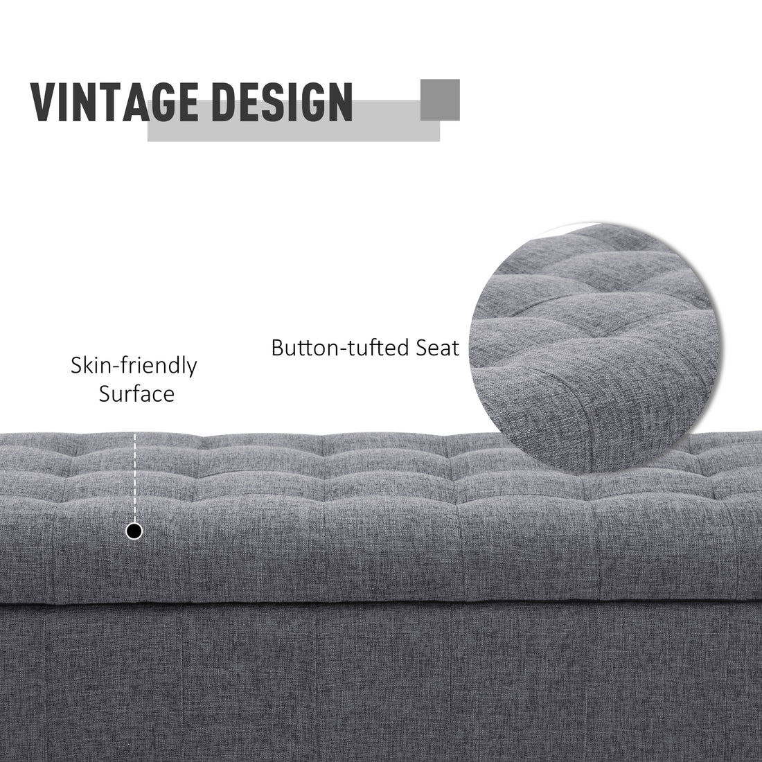 Homcom Storage Ottoman, Linen Fabric Button Tufted Storage Bench With Soft Close Lid For Living Room, Entryway Or Bedroom, Dark Heather Grey Grey Fabric