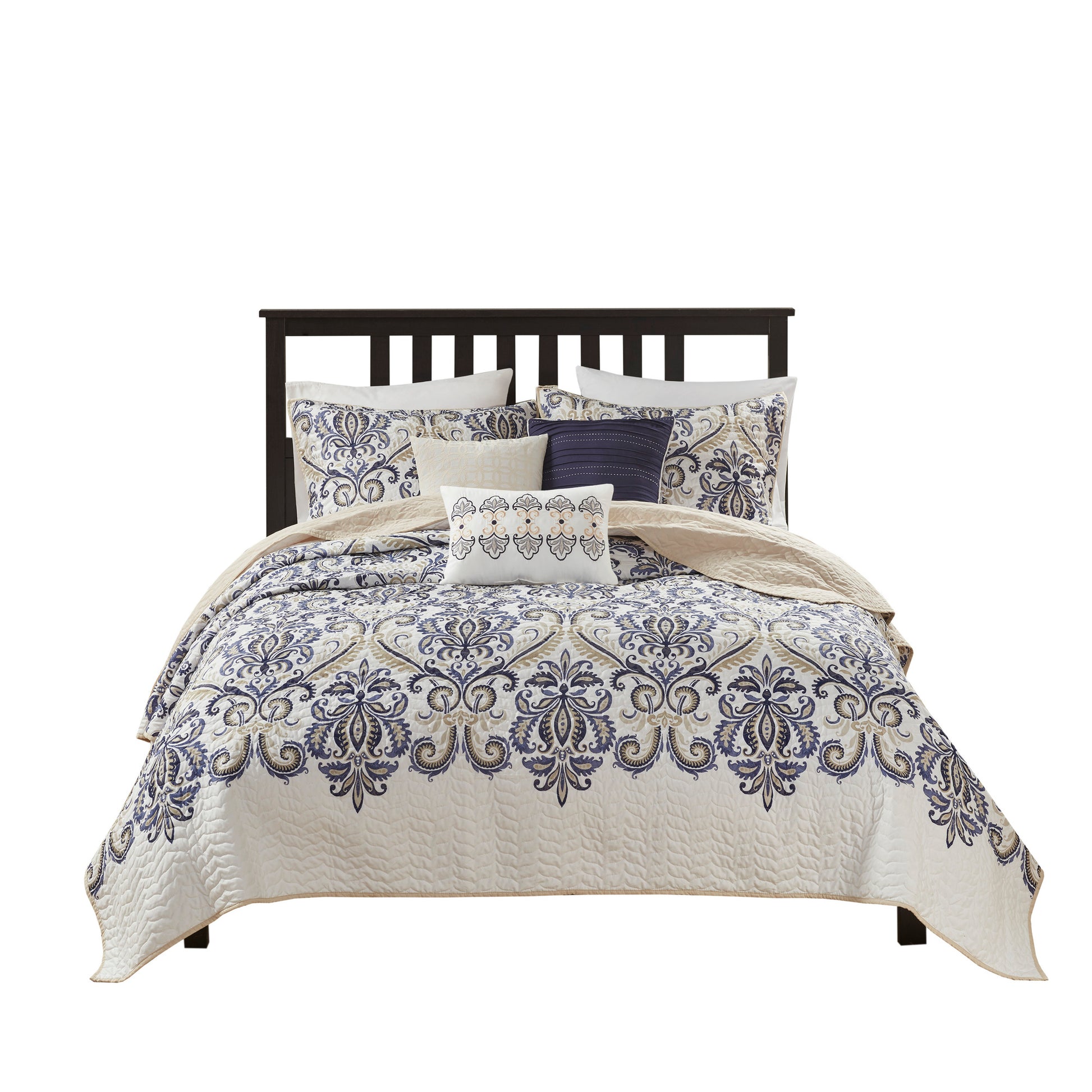 6 Piece Reversible Quilt Set With Throw Pillows Navy Tan King Cal King King Navy Cotton