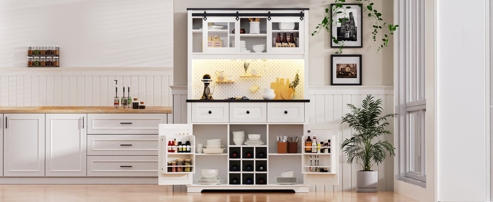 K&K 71" Farmhosue Pantry Bar Cabinet With Internal Storage Rack,Kitchen Cabinet With Hutch,Sliding Door,Power Outlet,Pegboard,Wine & Glasses Rack,3 Drawers,Rustic Coffee Bar Storage Cabinet,White Oak White Oak White Kitchen American Design,American