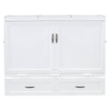 Queen Size Murphy Bed With Usb Ports, Large Drawers And Metal Handles, White Queen White Solid Wood Mdf