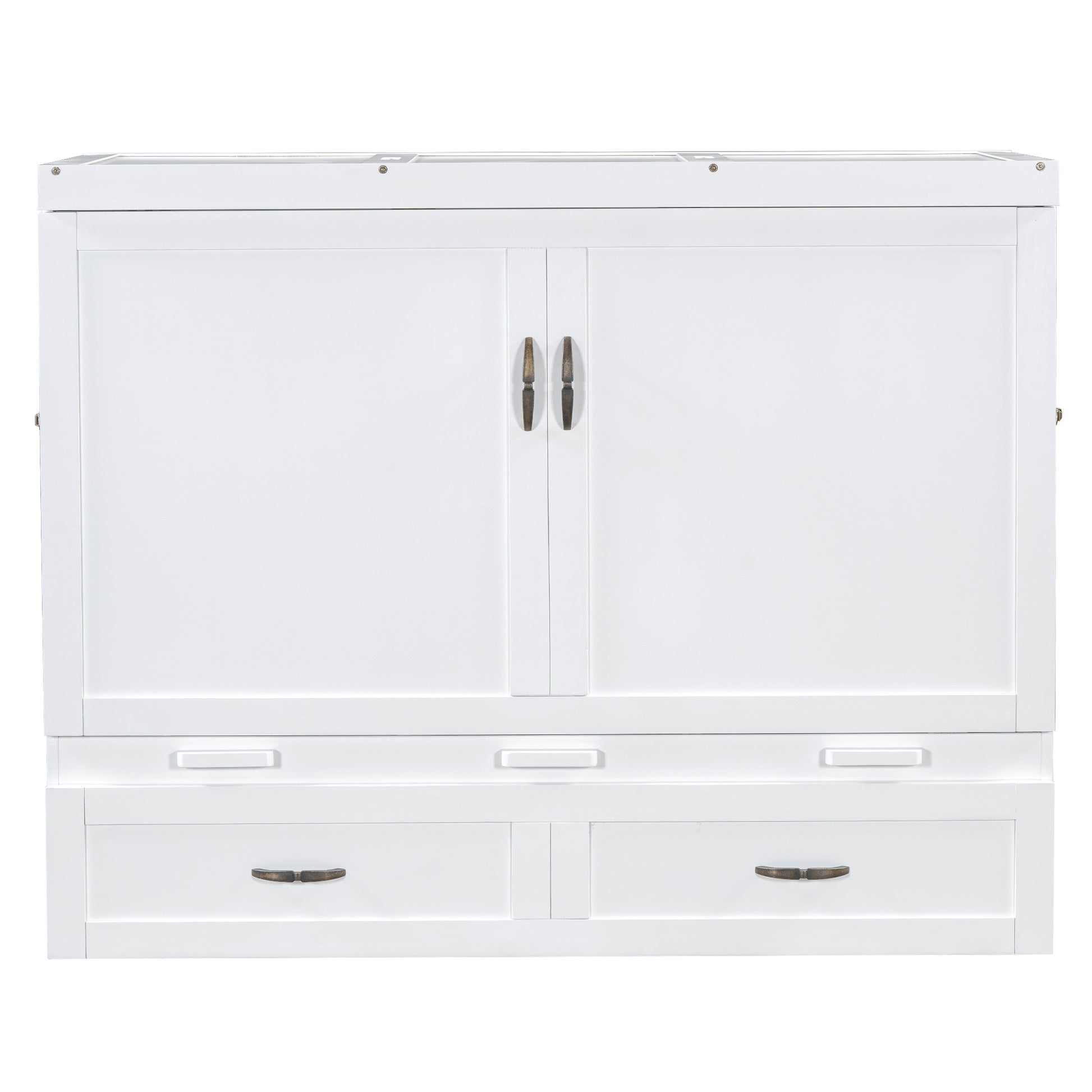 Queen Size Murphy Bed With Usb Ports, Large Drawers And Metal Handles, White Queen White Solid Wood Mdf