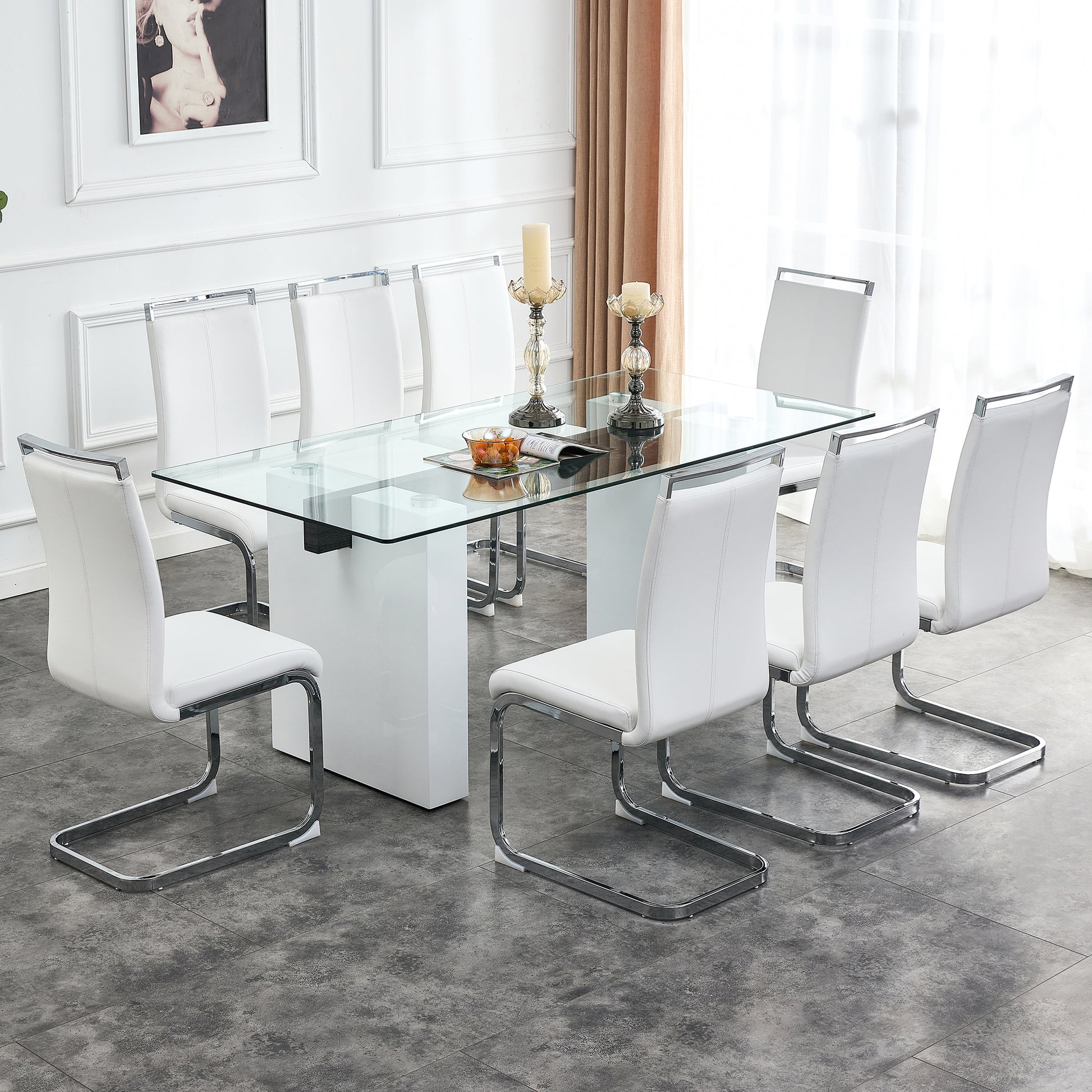 Large Modern Rectangular Table With 0.4 Inch Patterned Tabletop And Large Mdf Table Legs, Suitable For Kitchen, Dining Room, And Living Room 71 "* 35.4" * 30 " White Mdf Glass