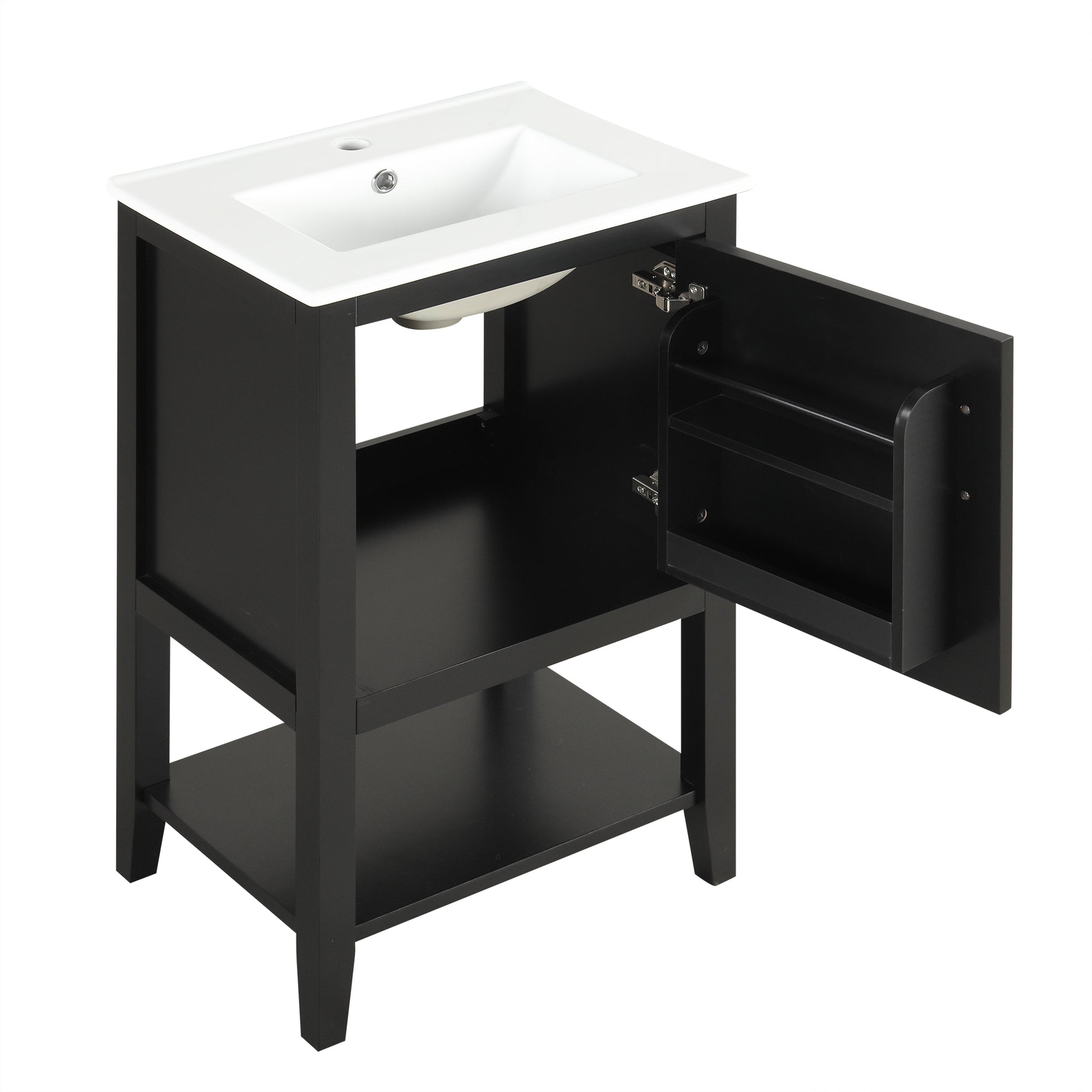 20" Bathroom Vanity With Sink, Bathroom Cabinet With Soft Closing Door, Storage Rack And Open Shelf, Black Black Solid Wood Mdf
