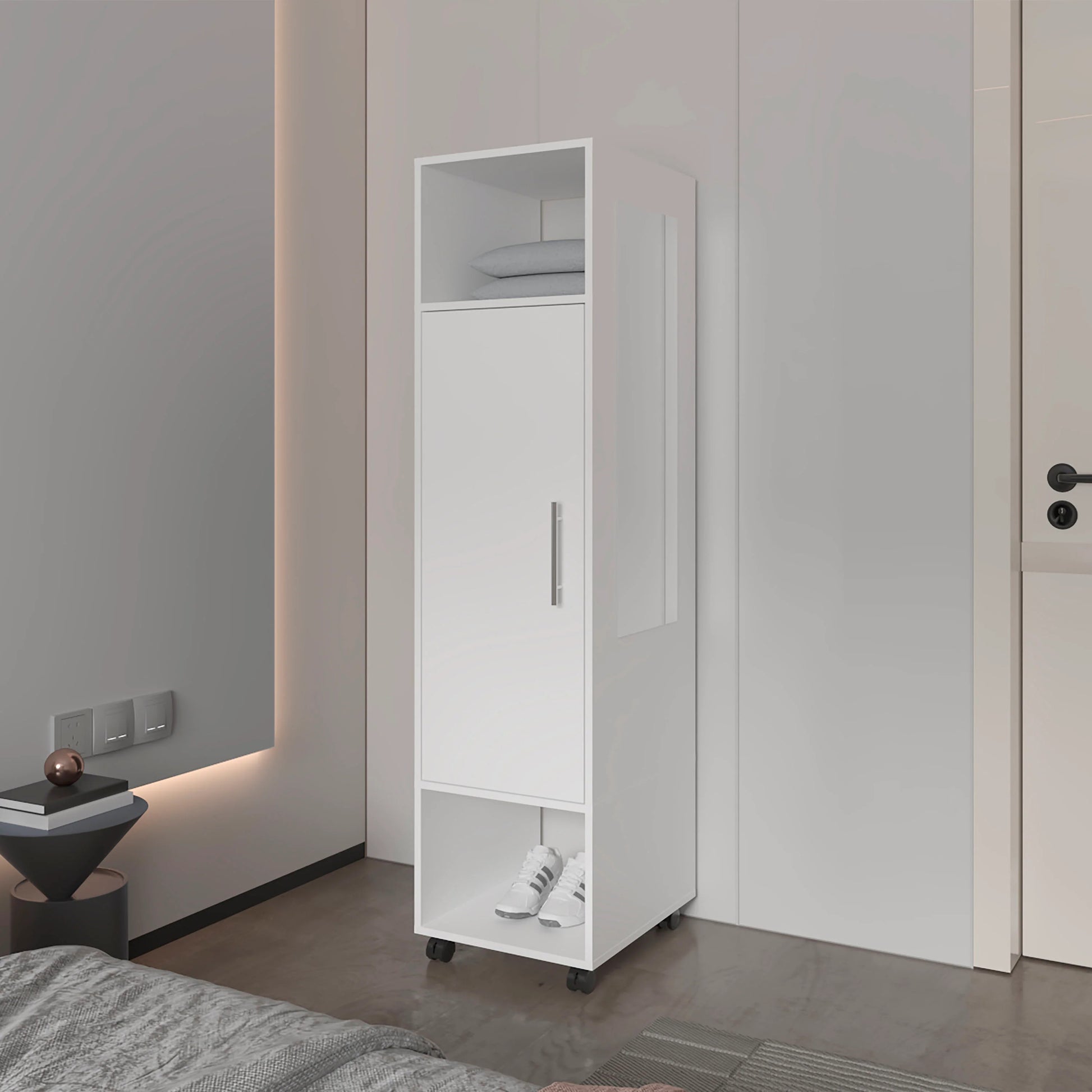 White 1 Door Wardrobe With Mirror And Open Storage White Particle Board Melamine