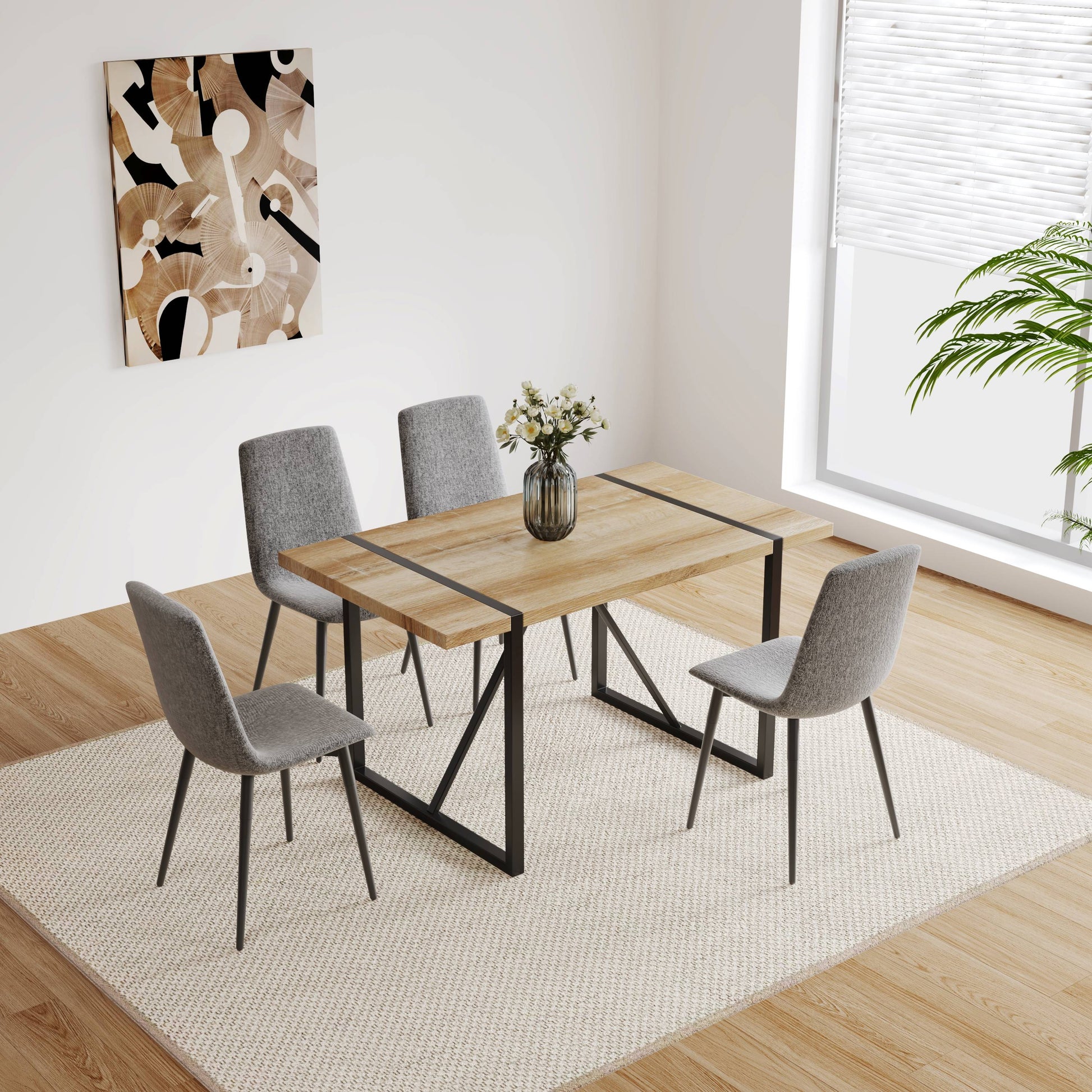 Mdf Wood Colour Dining Table Set Of 4 And Modern Dining Chairsmid Century Wooden Kitchen Table Set, Metal Base & Legs, Dining Room Table And Linen Chairs Natural Wood Mdf