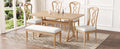Retro 6 Piece Trestle Dining Table Set With Upholstered Dining Chairs And Dining Bench, Smooth Dining Backs For Dining Room, Living Room, Kitchen, Natural Upholstered Chair Wood Natural Beige Seats 6 Wood Dining Room Solid Wood Rubberwood Trestle
