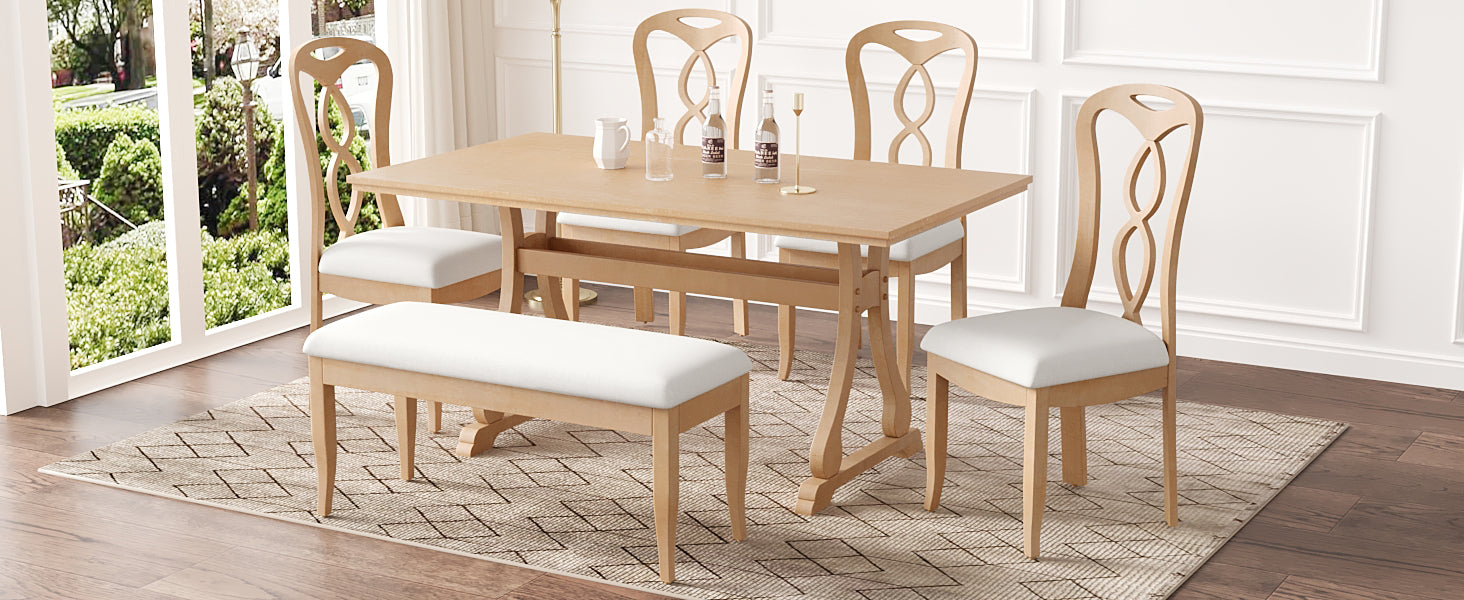 Retro 6 Piece Trestle Dining Table Set With Upholstered Dining Chairs And Dining Bench, Smooth Dining Backs For Dining Room, Living Room, Kitchen, Natural Upholstered Chair Wood Natural Beige Seats 6 Wood Dining Room Solid Wood Rubberwood Trestle