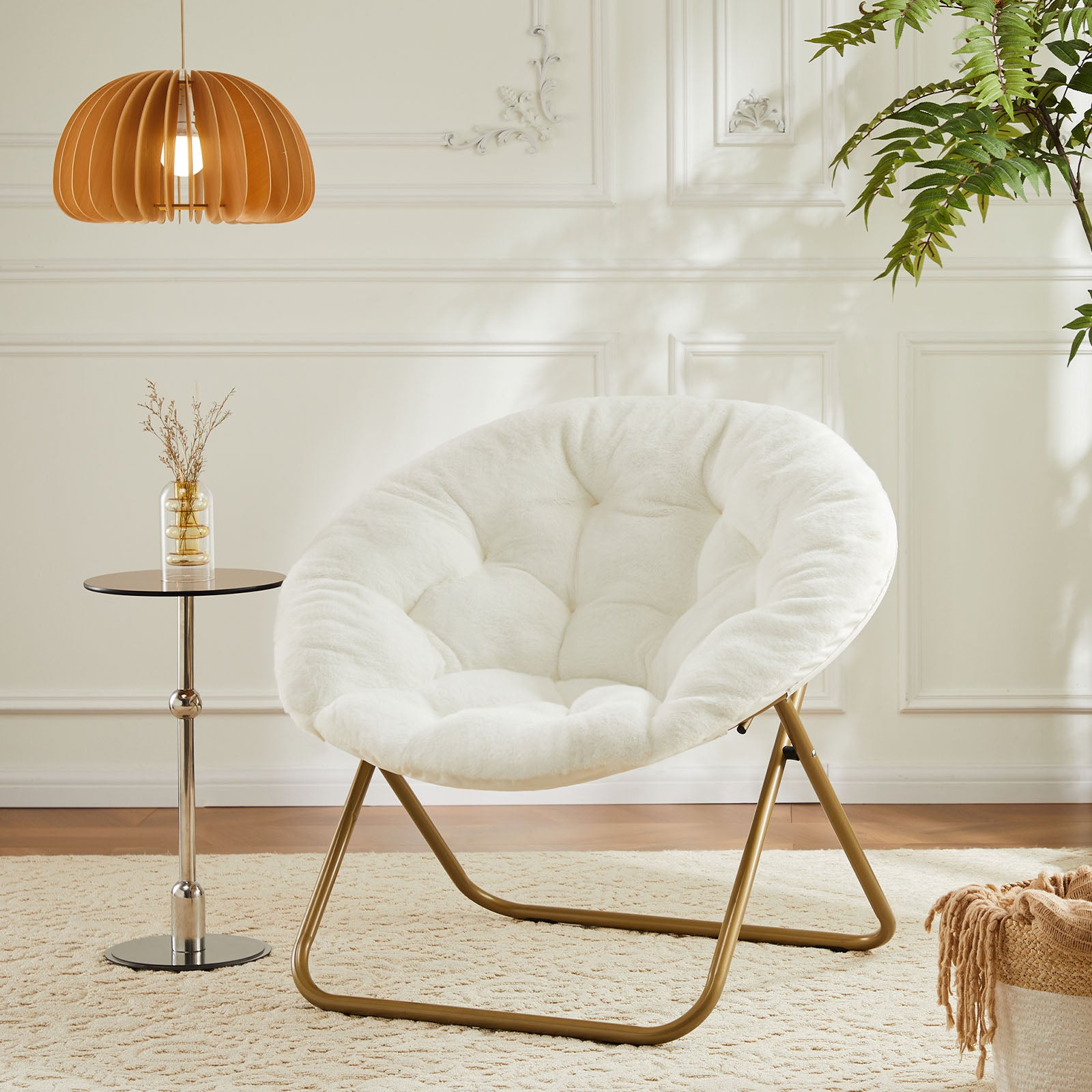 Cozy Saucer Chair Faux Fur Metal Frame Anti Slip Leg For Living Room Bedroom, Large, White White Fabric Metal