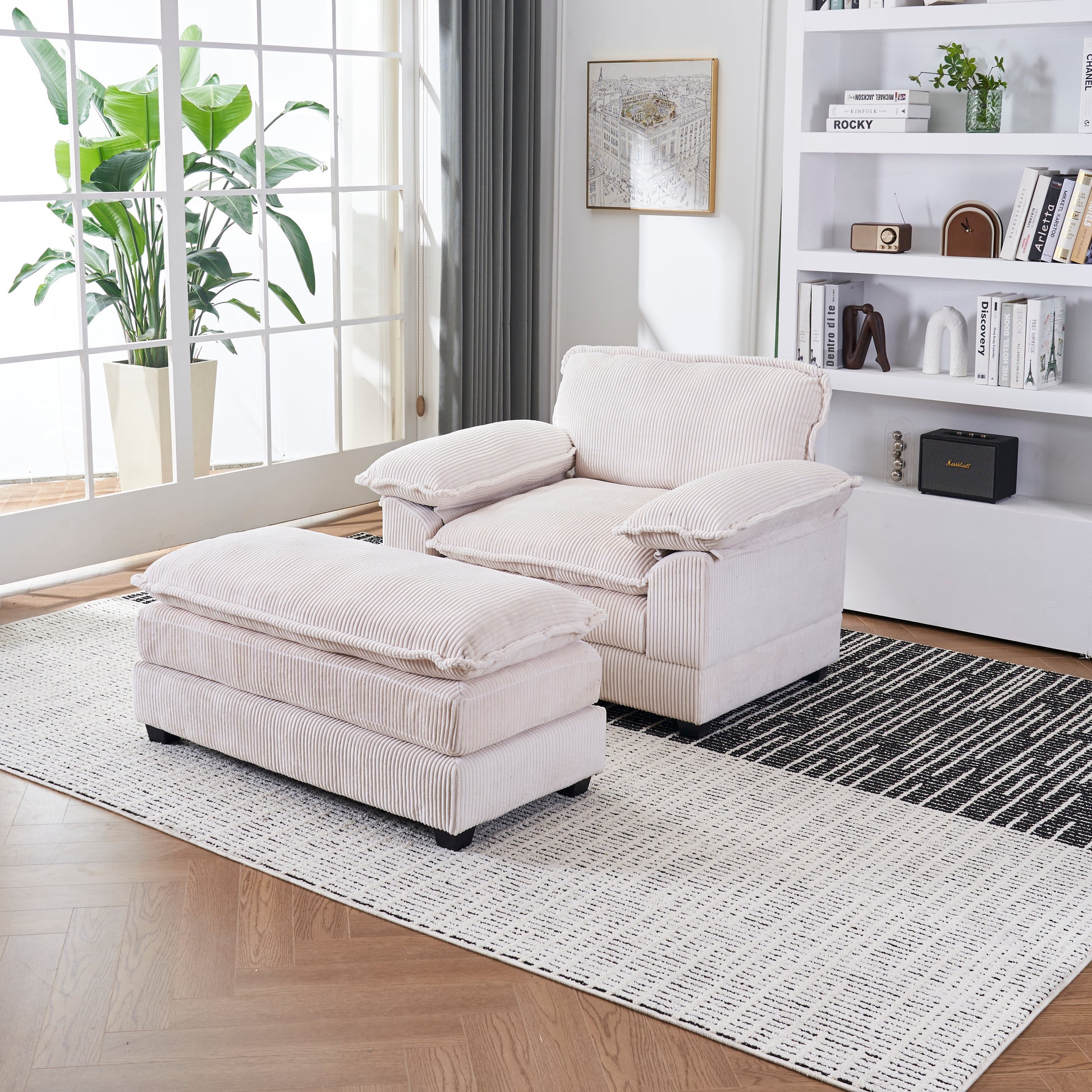 56.3 Inch Corduroy Single Sofa With 2 Toss Pillows And A Ottoman ,Comfy Sofa Deep Seat Couch For Living Room White Foam 1 Seat