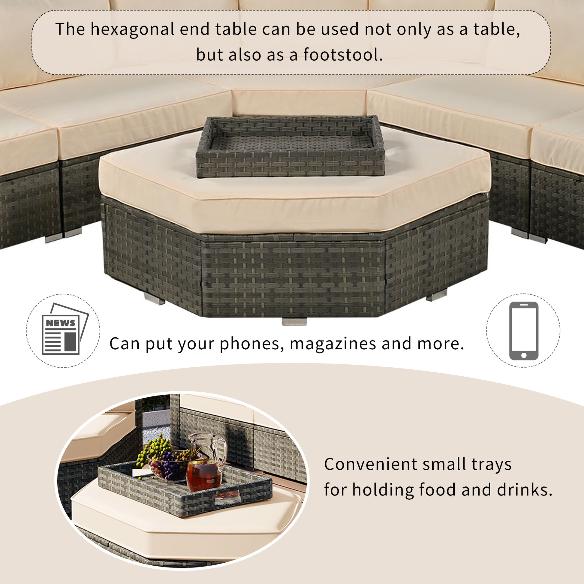 Patio Furniture Set, 6 Piece Outdoor Conversation Set All Weather Wicker Sectional Sofa With Ottoman And Cushions And Small Trays Beige Rattan