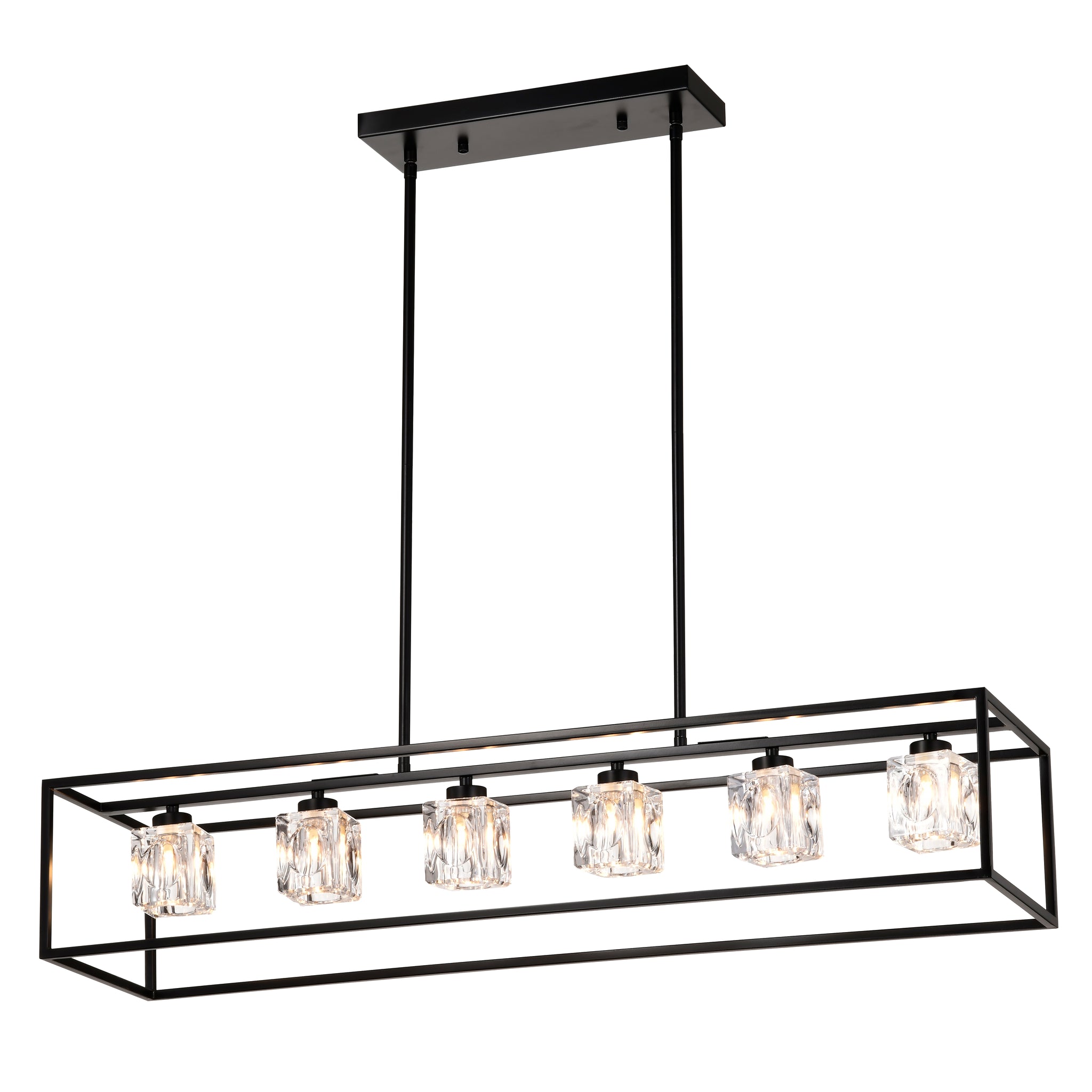 6 Light Farmhouse Chandelier, Modern Industrial Linear Rectangular Crystal Pendant Light Cage Chandelier For Dining Room,Kitchen Island, Bar, Long Table,G9*6 Bulbs Included Matte Black American