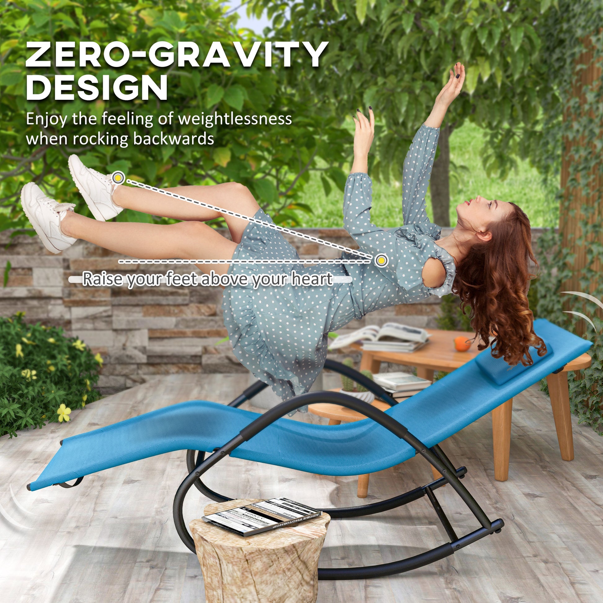 Outsunny Rocking Chair, Zero Gravity Patio Chaise Sun Lounger, Outdoor Rocker, Uv Water Resistant, Pillow For Sunbathing, Lawn, Garden Or Pool, Light Blue Light Blue Steel