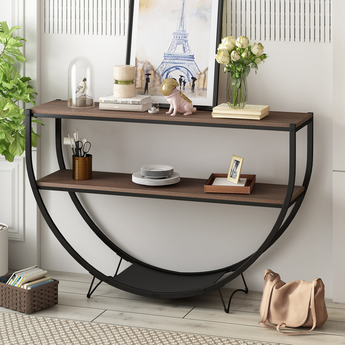 Rustic Industrial Design Demilune Shape Textured Metal Distressed Wood Console Table Dark Brown Dark Brown Mdf