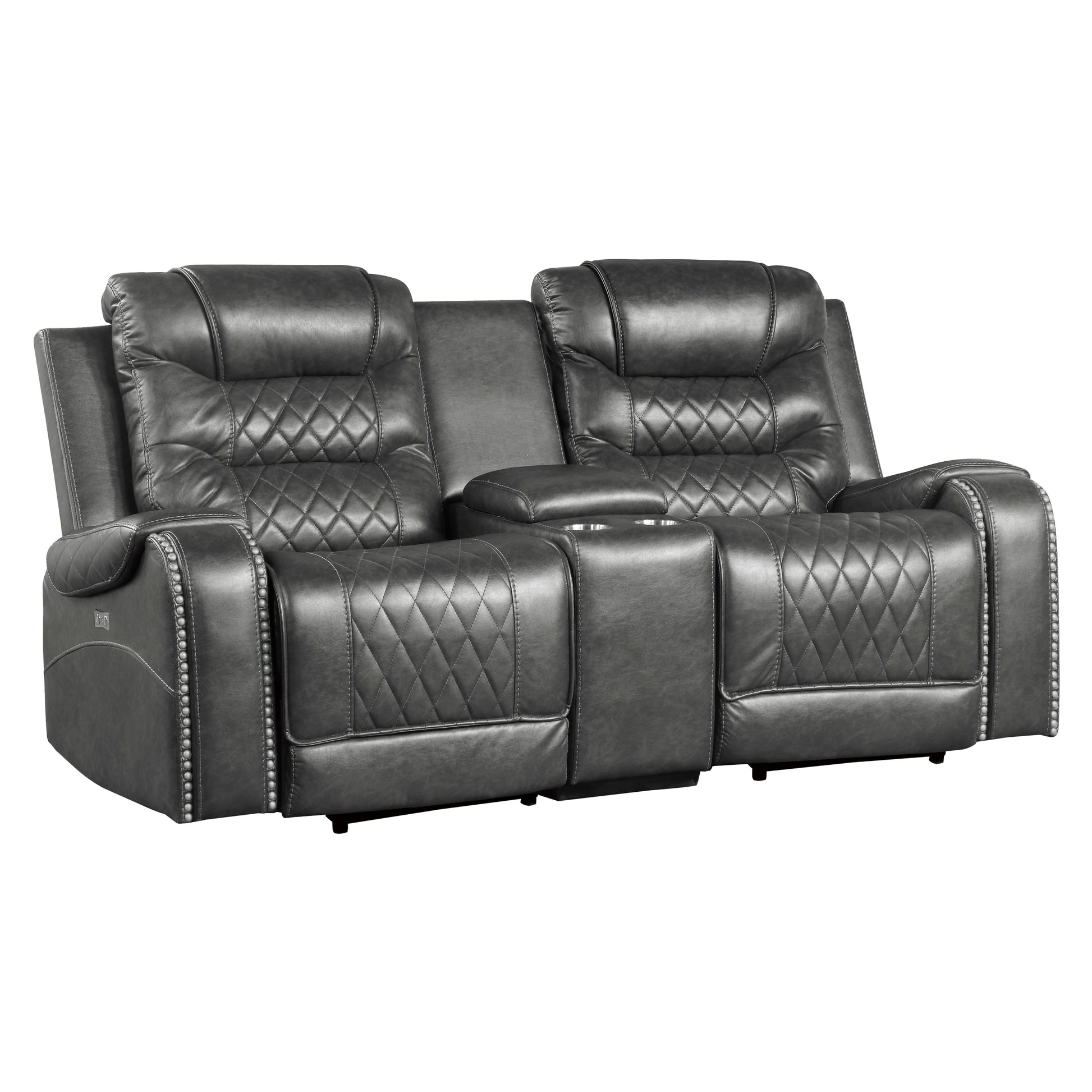 Luxurious Living Room Furniture Grayfaux Leather Upholstery 1Pc Power Double Reclining Loveseat With Center Console, Usb Ports, Diamond Pattern Stitching Gray Faux Leather Wood Primary Living Space Luxury,Modern Solid Wood