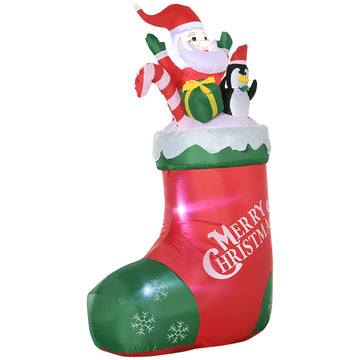 Outsunny 5Ft Christmas Inflatables Outdoor Decorations Santa And Penguin Standing In Sock With Candy Cane Gift Box, Blow Up Led Yard Christmas Decor For Lawn Garden Party Red Polyester