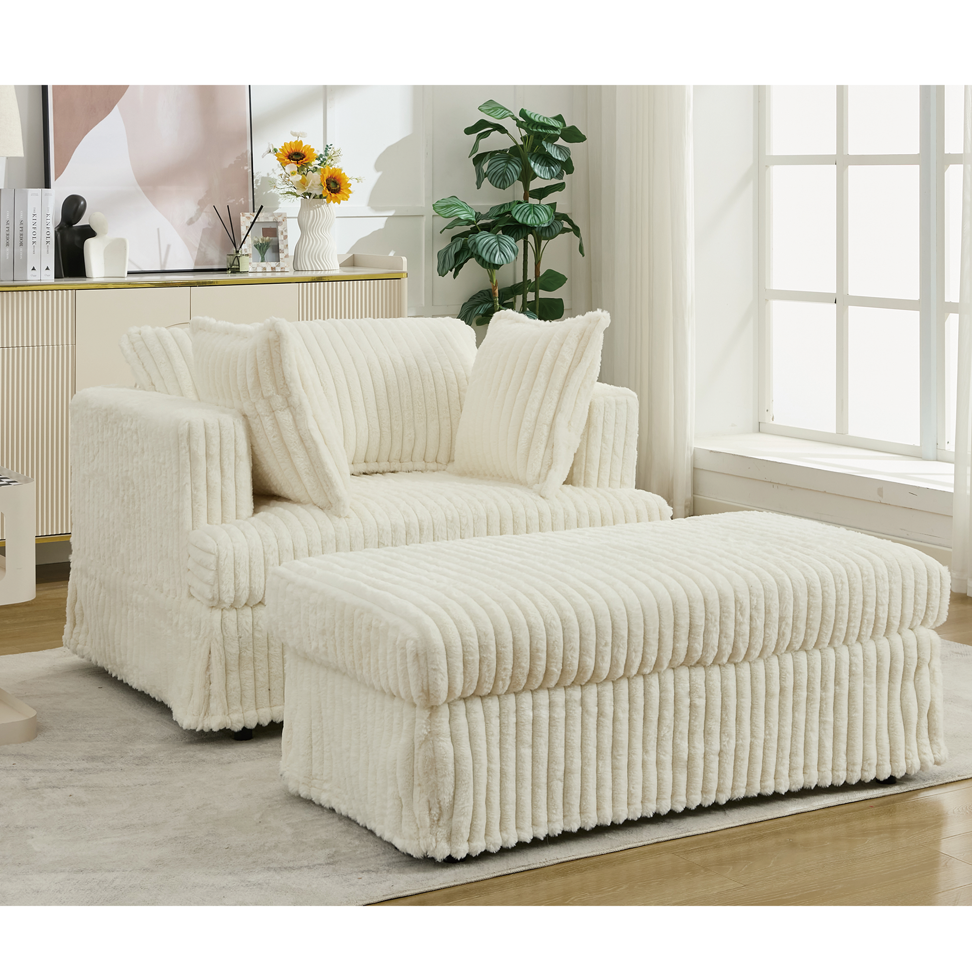 Arrived 47.7'' Oversized Corduroy Chaise Longue With Ottoman, Deep Seat Reclining Chair Sofa, Comfy Thicked Upholstered Pad Chair ,With Foot Stool ,Oversize, Movable Ottoman, Beige Beige Polyester