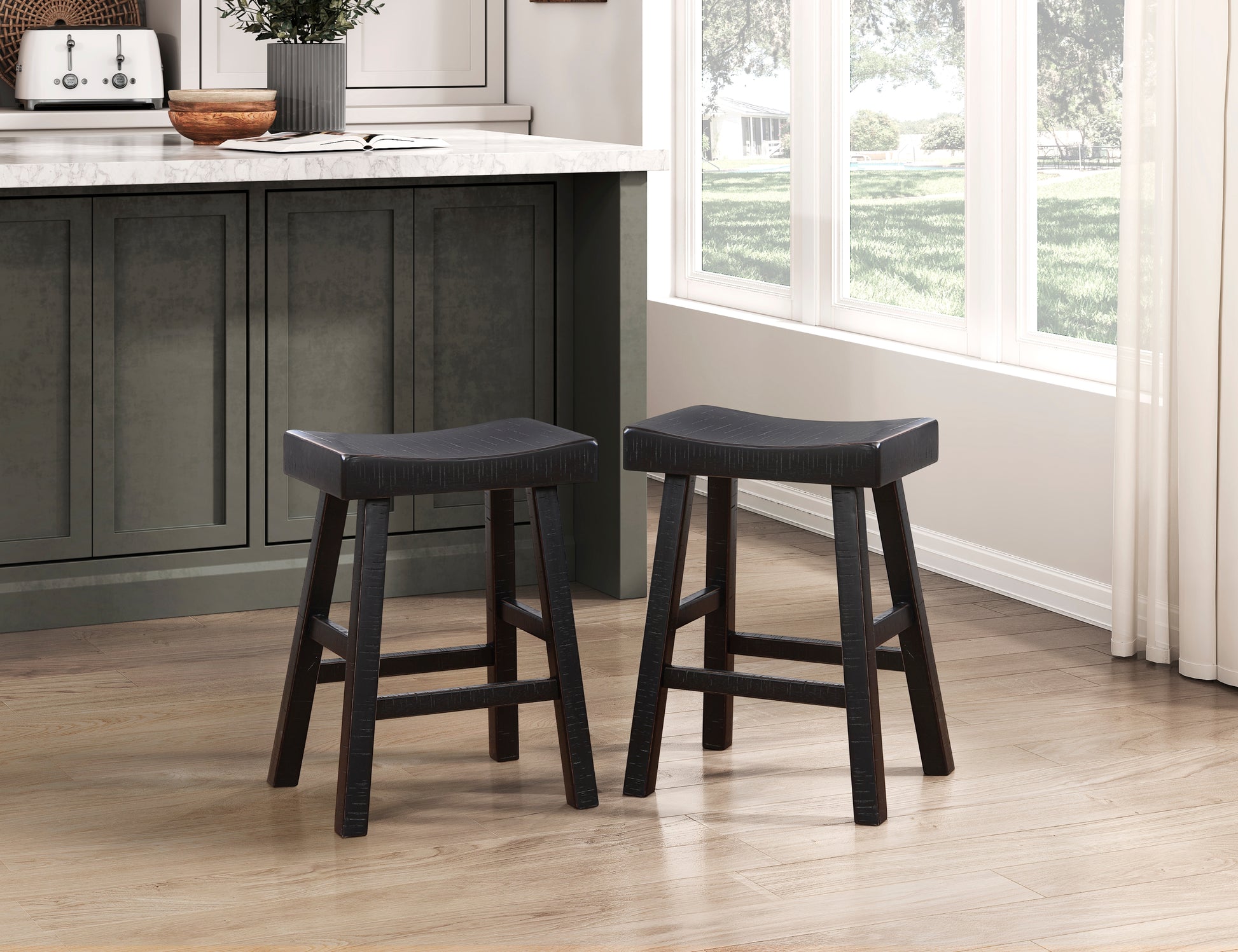 Transitional Design Counter Height Stools Set Of 2Pcs, Black Finish Solid Rubberwood Furniture Black Dining Room Transitional Set Of 2 Solid Wood
