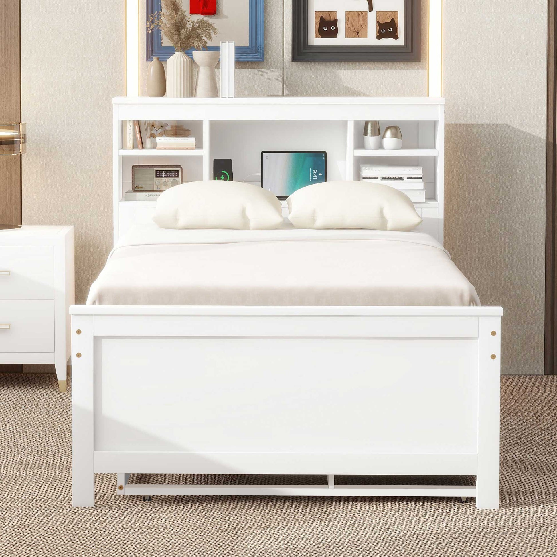 Twin Size Platform Bed With Storage Headboard, Usb, Twin Size Trundle And 3 Drawers, White Box Spring Not Required Twin White Wood Bedroom Bed Frame Solid Wood Mdf