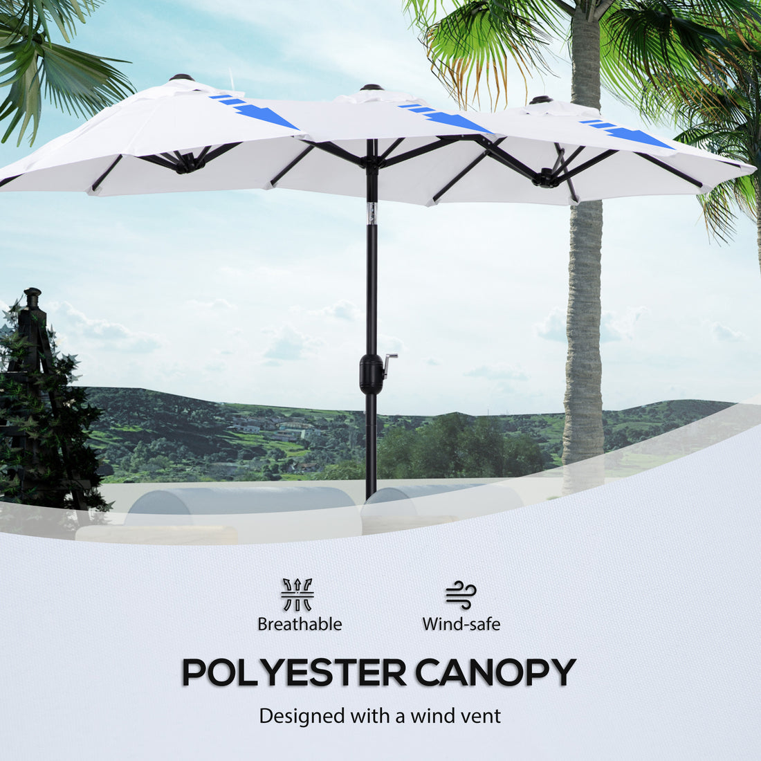 Outsunny Double Sided Patio Umbrella 9.5' Large Outdoor Market Umbrella With Push Button Tilt And Crank, 3 Air Vents And 12 Ribs, For Garden, Deck, Pool, White Cream Polyester