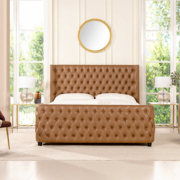 Brooklyn King Tufted Panel Bed Headboard And Footboard Set, Caramel Tan Brown Faux Leather Box Spring Required King Tan Brown Wood Foam Faux Leather Faux Leather