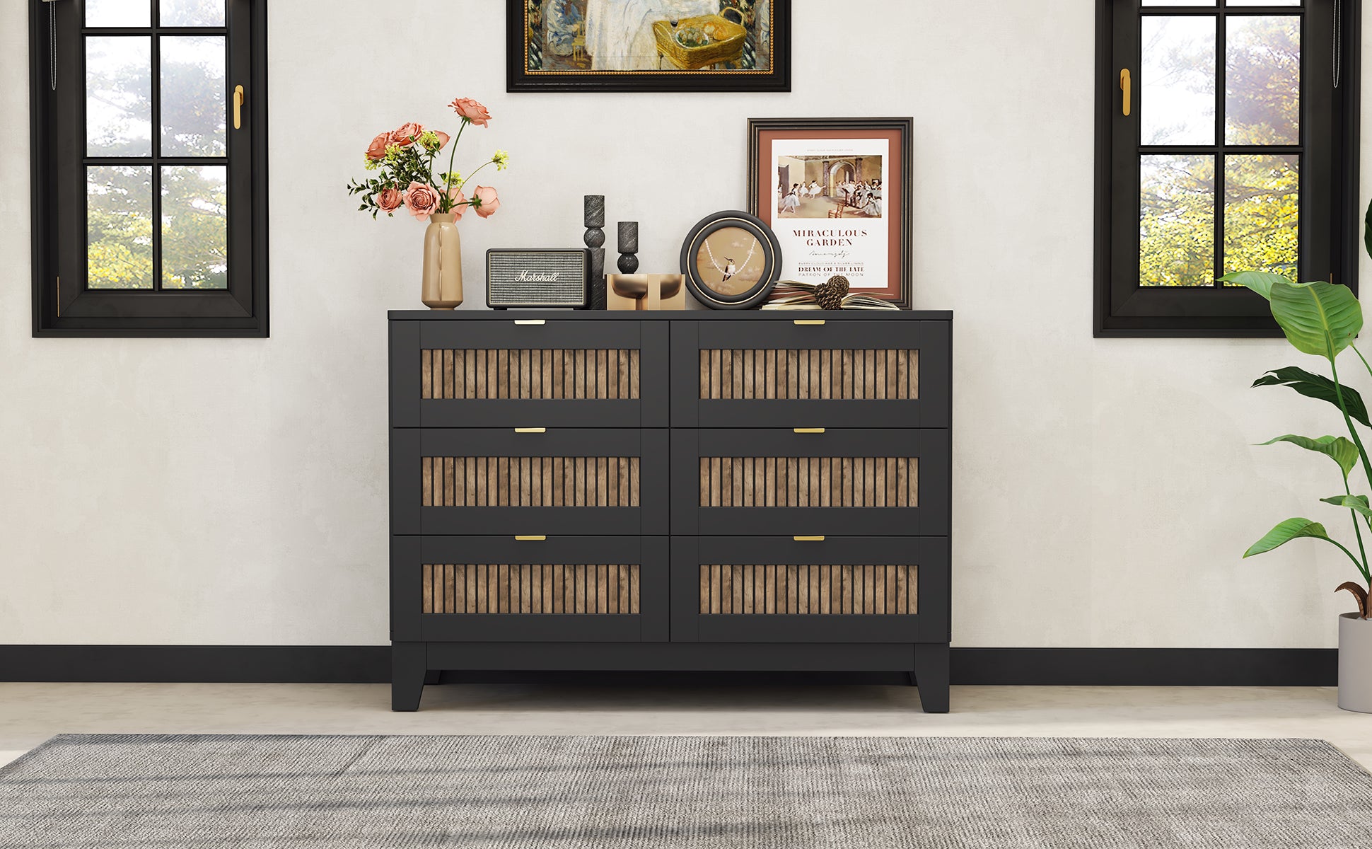 Rustic Farmhouse Style Wooden Dresser With 6 Drawers, Storage Cabinet For Bedroom With Metal Handles, Black Black Particle Board