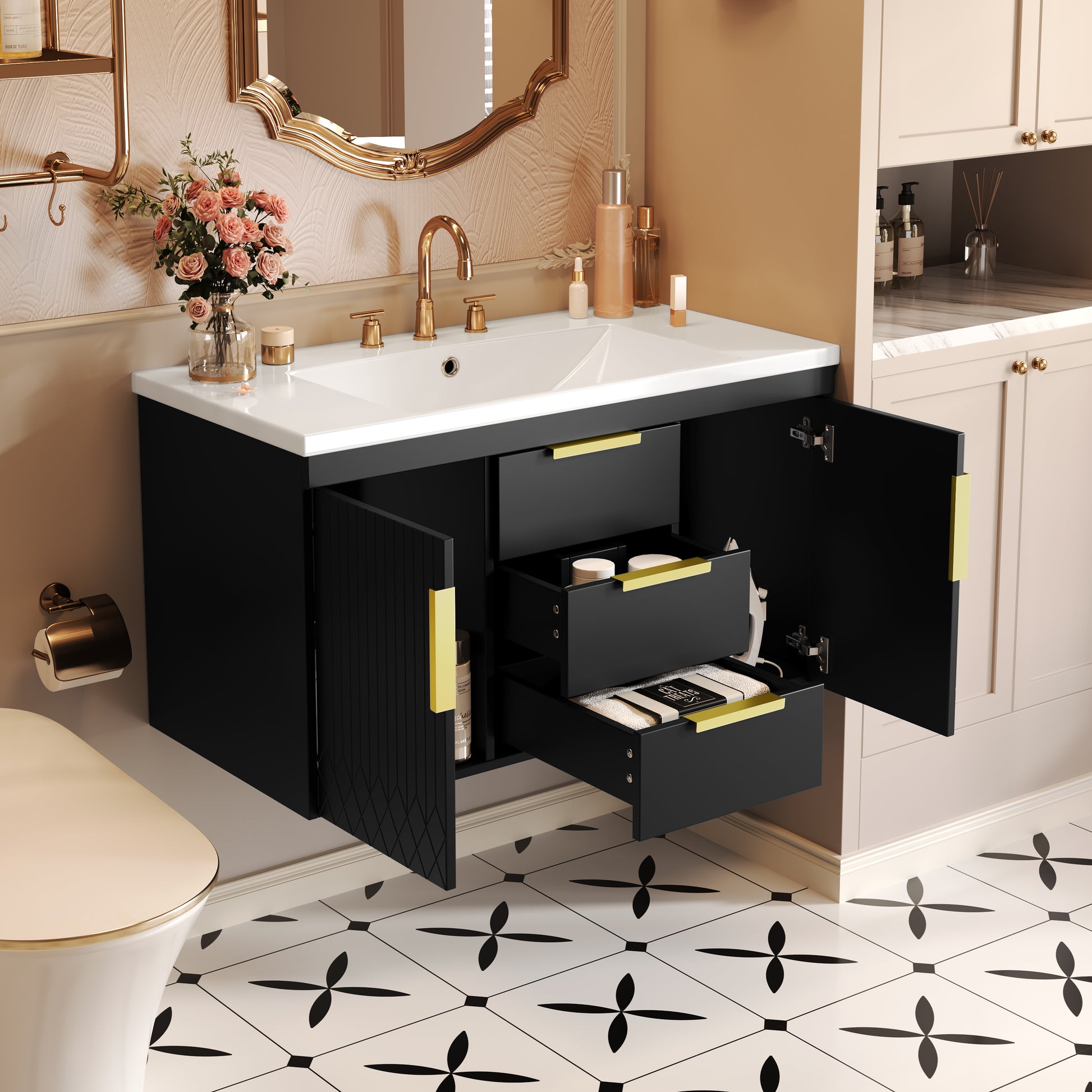 36'' Wall Mounted Bathroom Vanity With Resin Sink, Floating Bathroom Storage Cabinet With 2 Drawers, Solid Wood Bathroom Cabinet Black Bathroom Modern Mdf