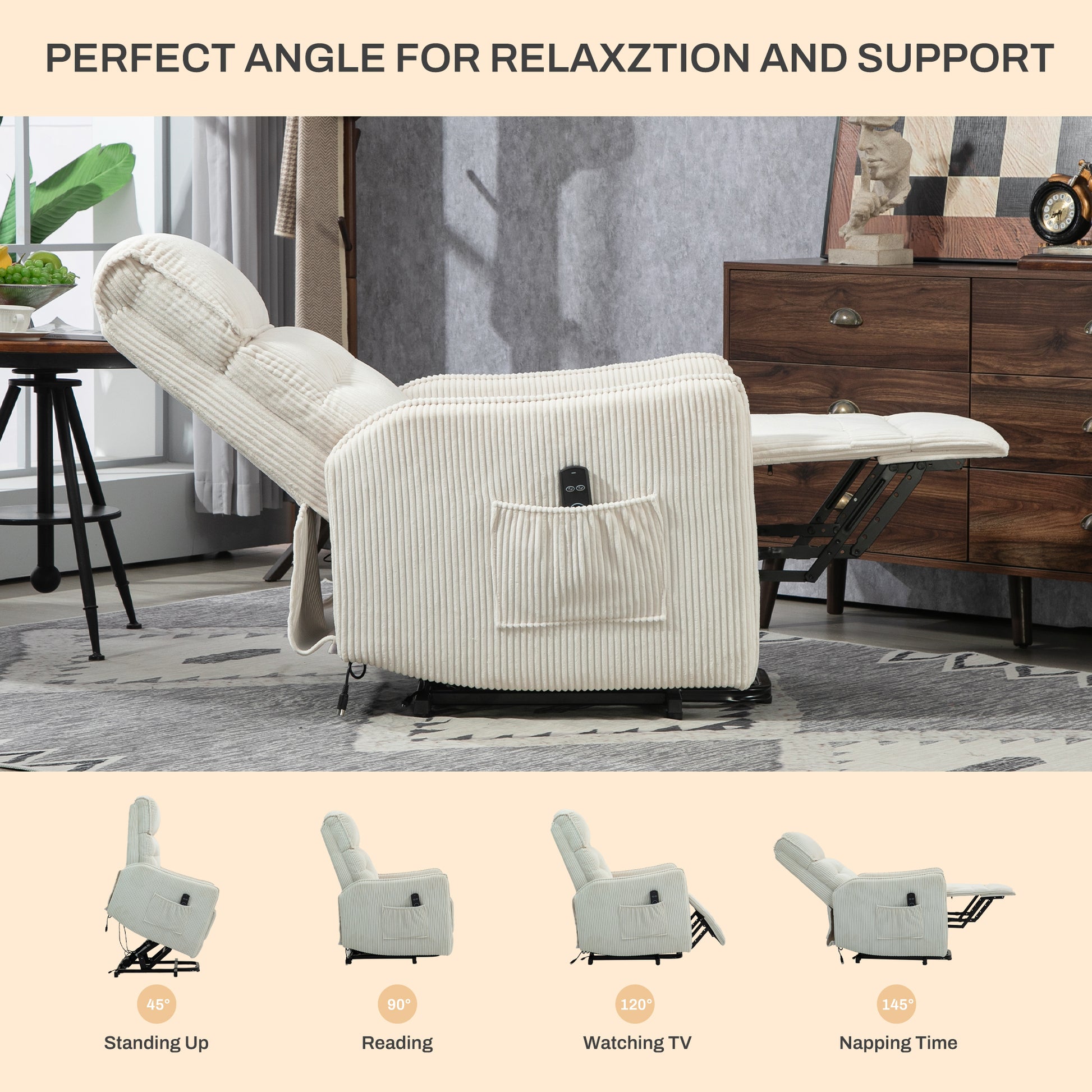 Coolmore Recliner Chair, Electric Recliner Chairs For Adults, Side Pocket Power Reclining Chair Pocket Springs Seat Cushion, Corduroy Fabric Recliner Sofa For Living Room, Bedroom, Home Theater Beige Beige Foam Corduroy