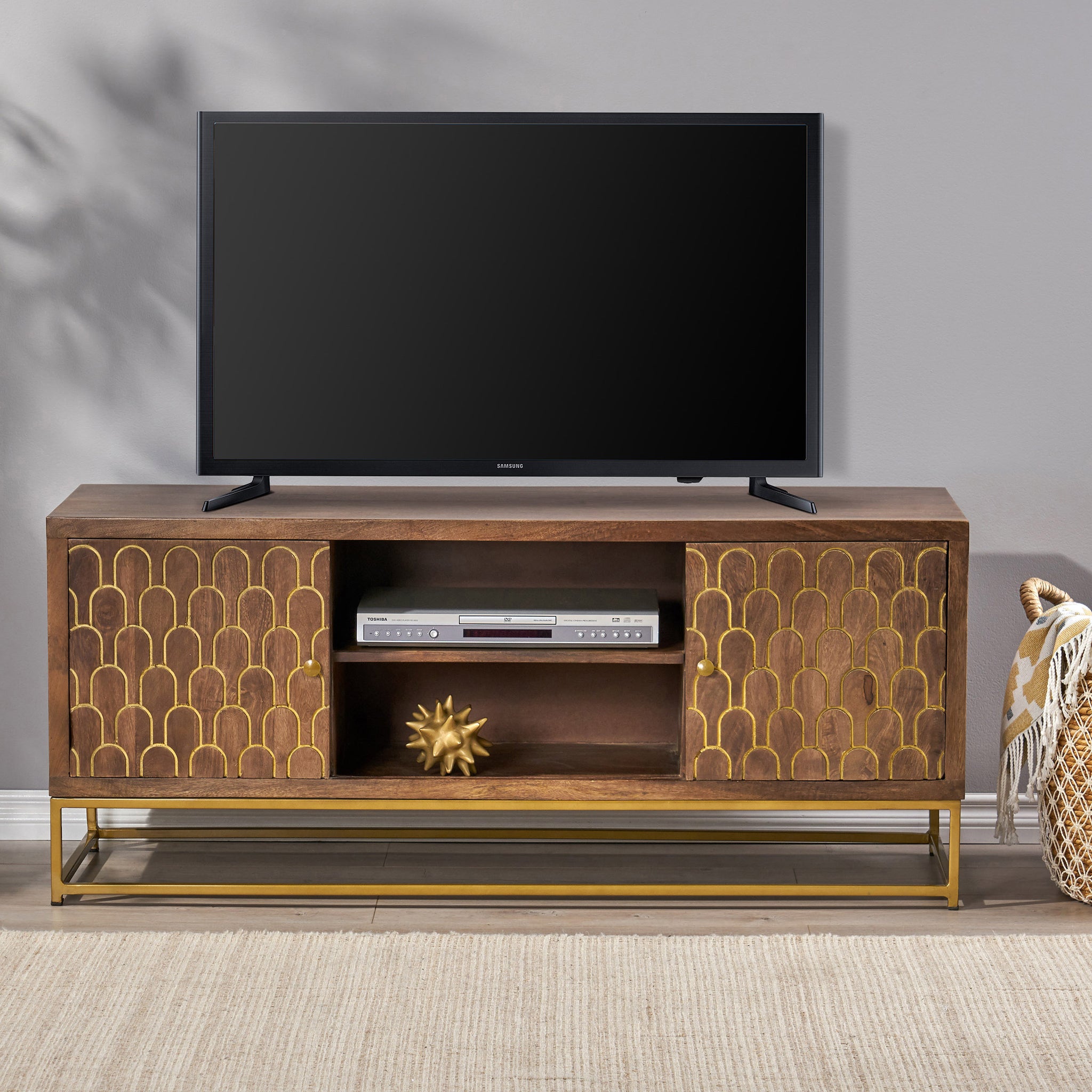 Tv Stand Walnut Gold 40 49 Inches Wood