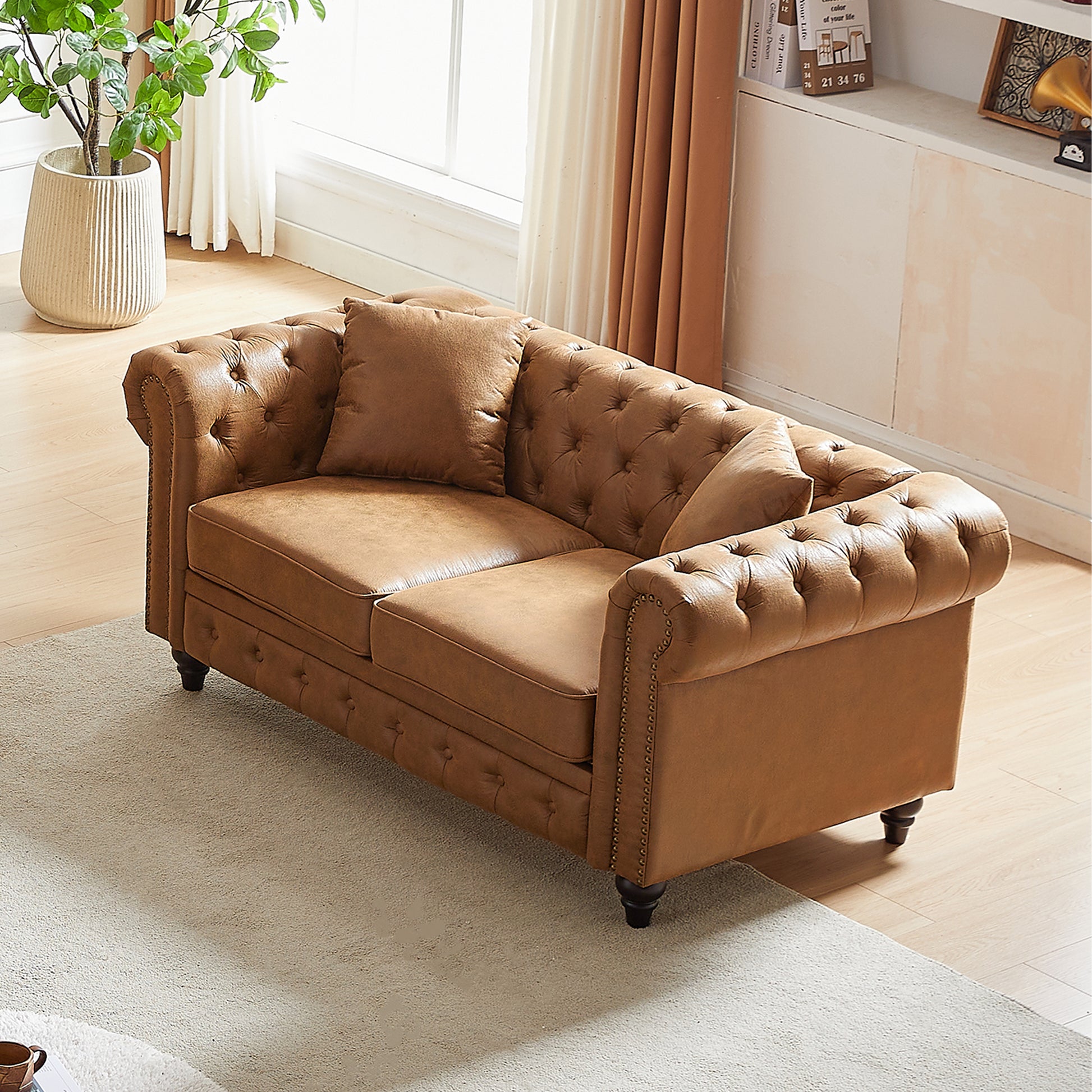 Fx 63.5" Contemporary Design Chesterfield Sofa, Tech Fabric Button Design Living Room Sectional, Button Tufted With Nail Design Arms With 2 Pillows, Upholstered Upholstery And Wooden Legs Brown Wood Primary Living Space Pine Foam Fabric 3 Seat